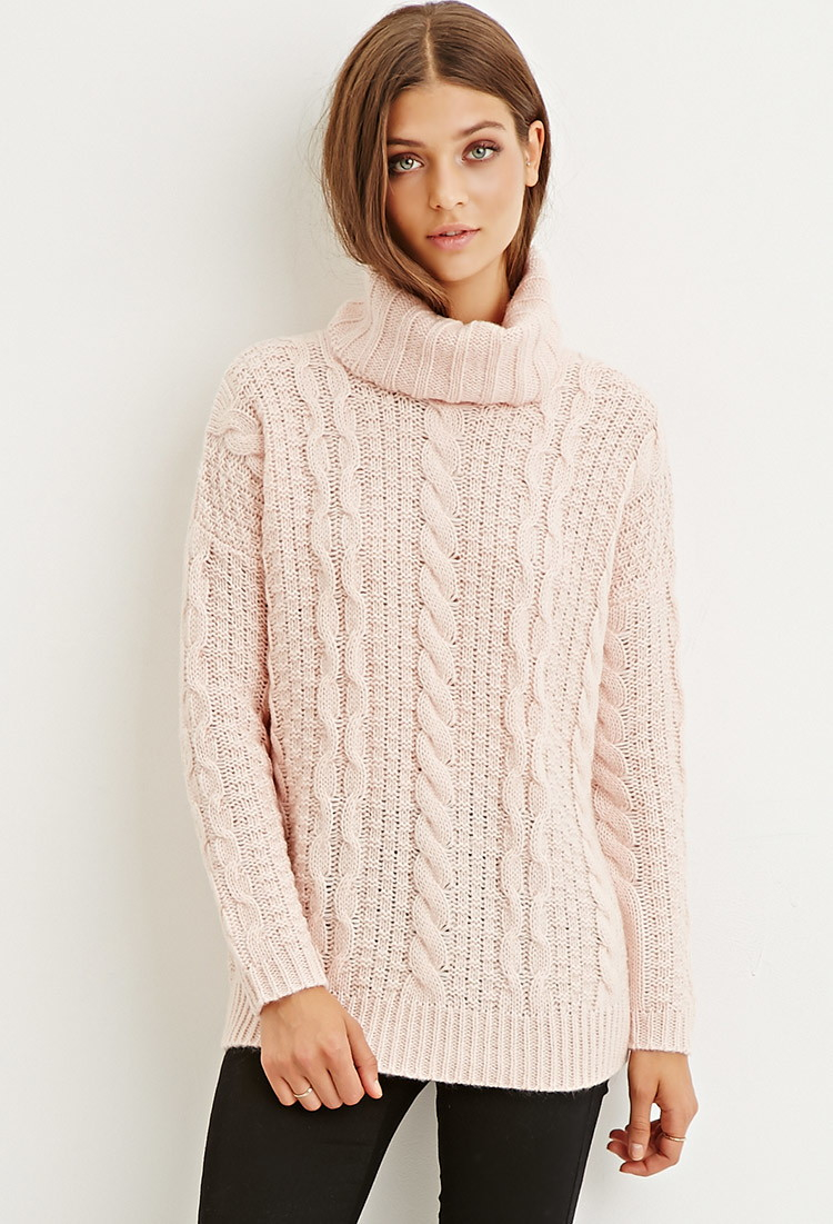 Forever 21 Cable Knit Turtleneck Sweater in Pink | Lyst