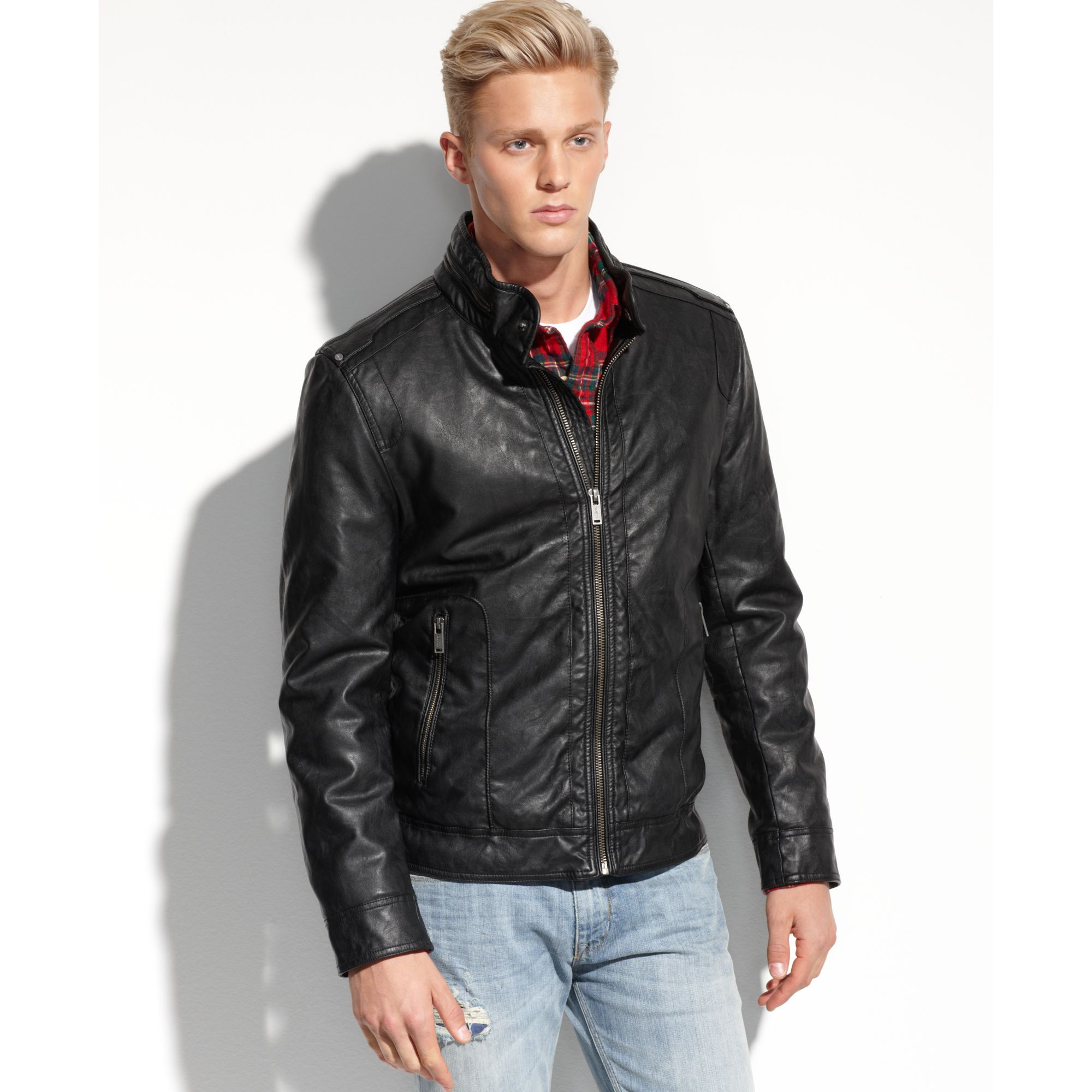 Guess Coats Light Weight Faux Leather Moto Jacket In Black For Men Gallery