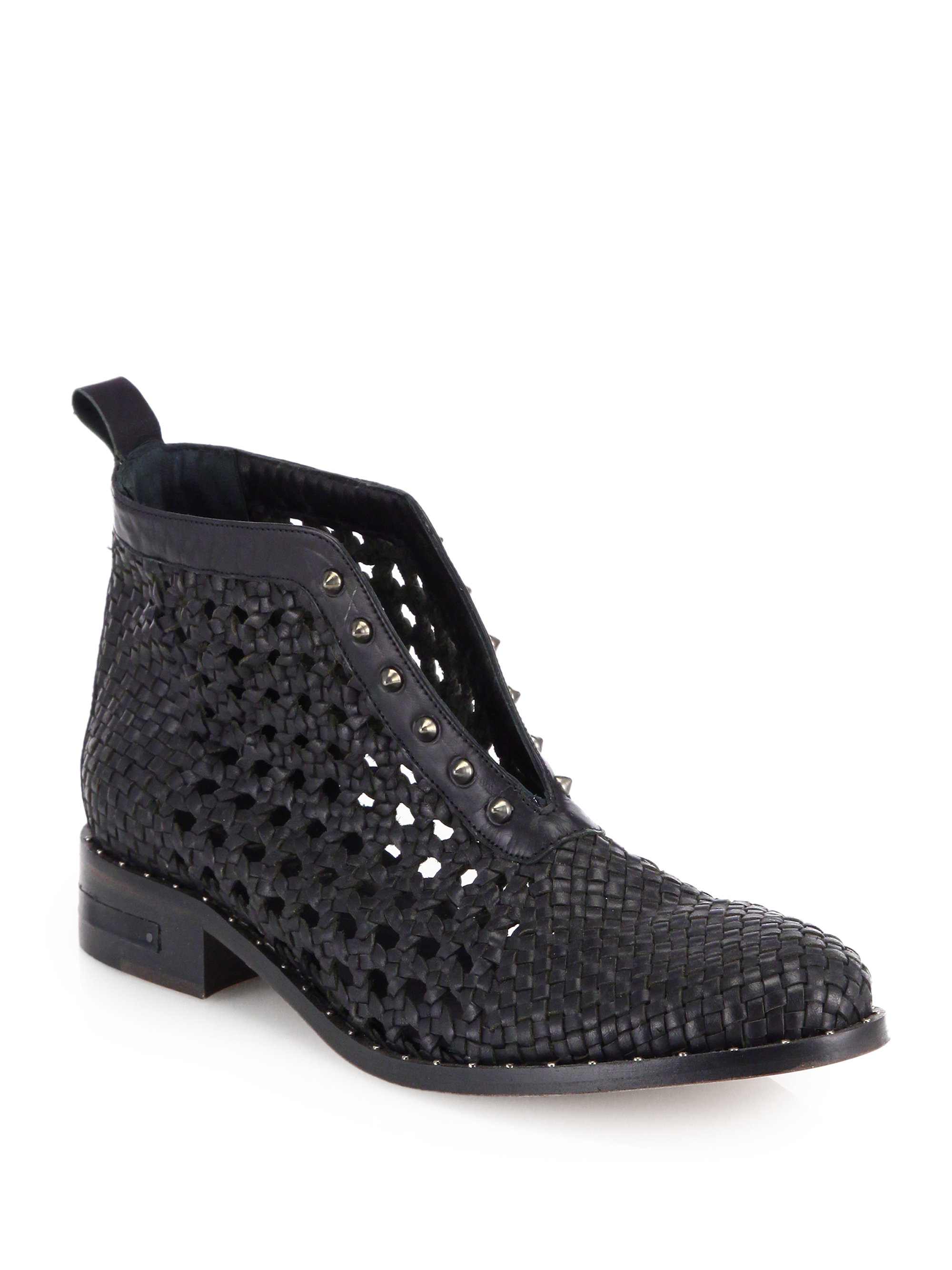 Frēda Salvador Draw Studded Woven Leather Ankle Boots in