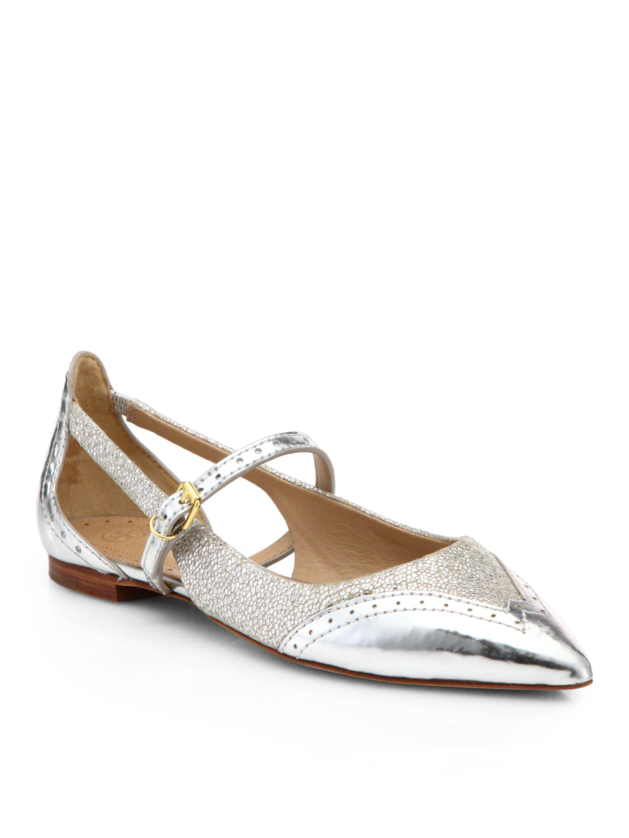 Tory Burch Bernadette Metallic Leather Point-Toe Flats in Silver | Lyst