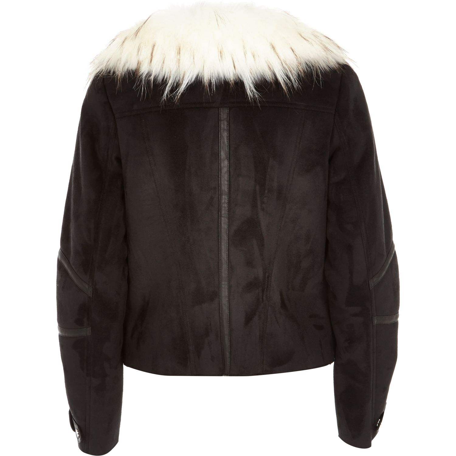 River Island Black Mock Suede Faux Fur Collar Biker Jacket In Gallery