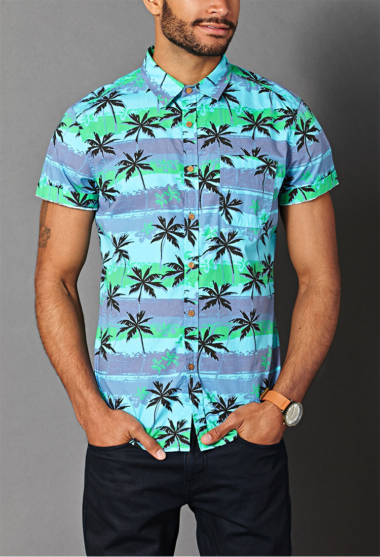 blue shirt with palm trees