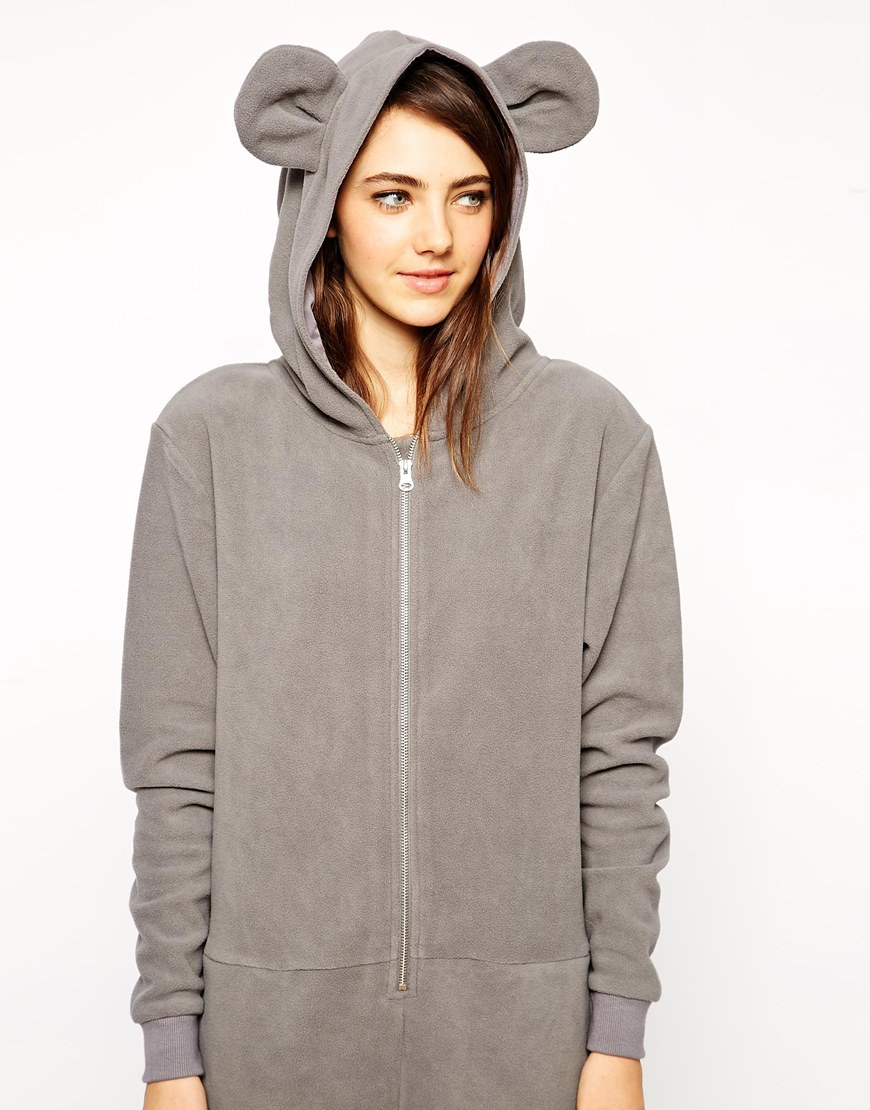Lyst Asos Cosy Fleece Onesie With Hood And Ears in Gray