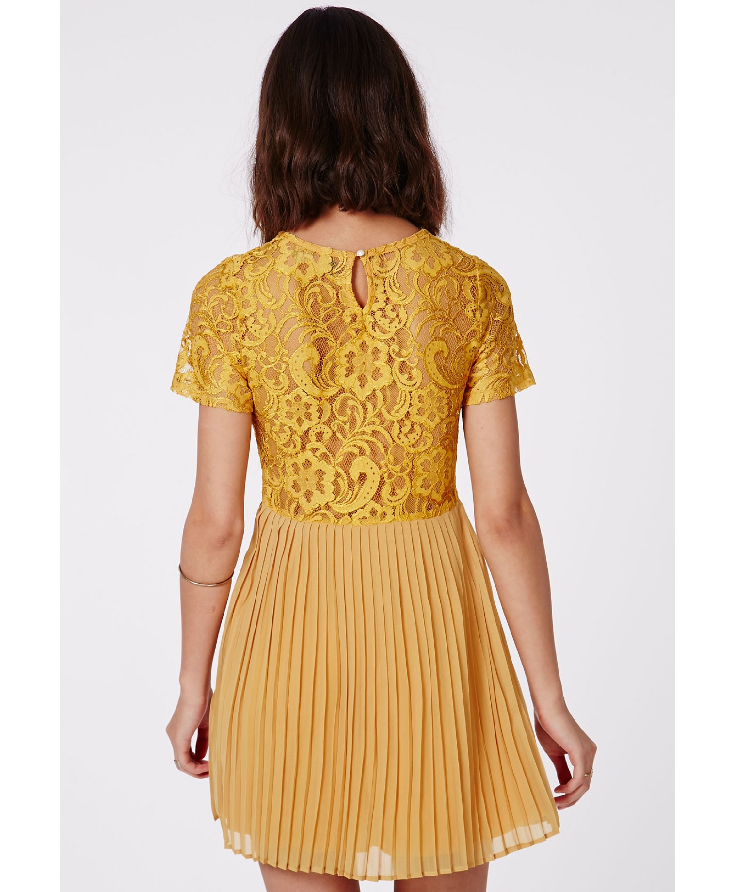 Lyst Missguided Jensine Pleated Skirt Lace Skater Dress Mustard in Yellow