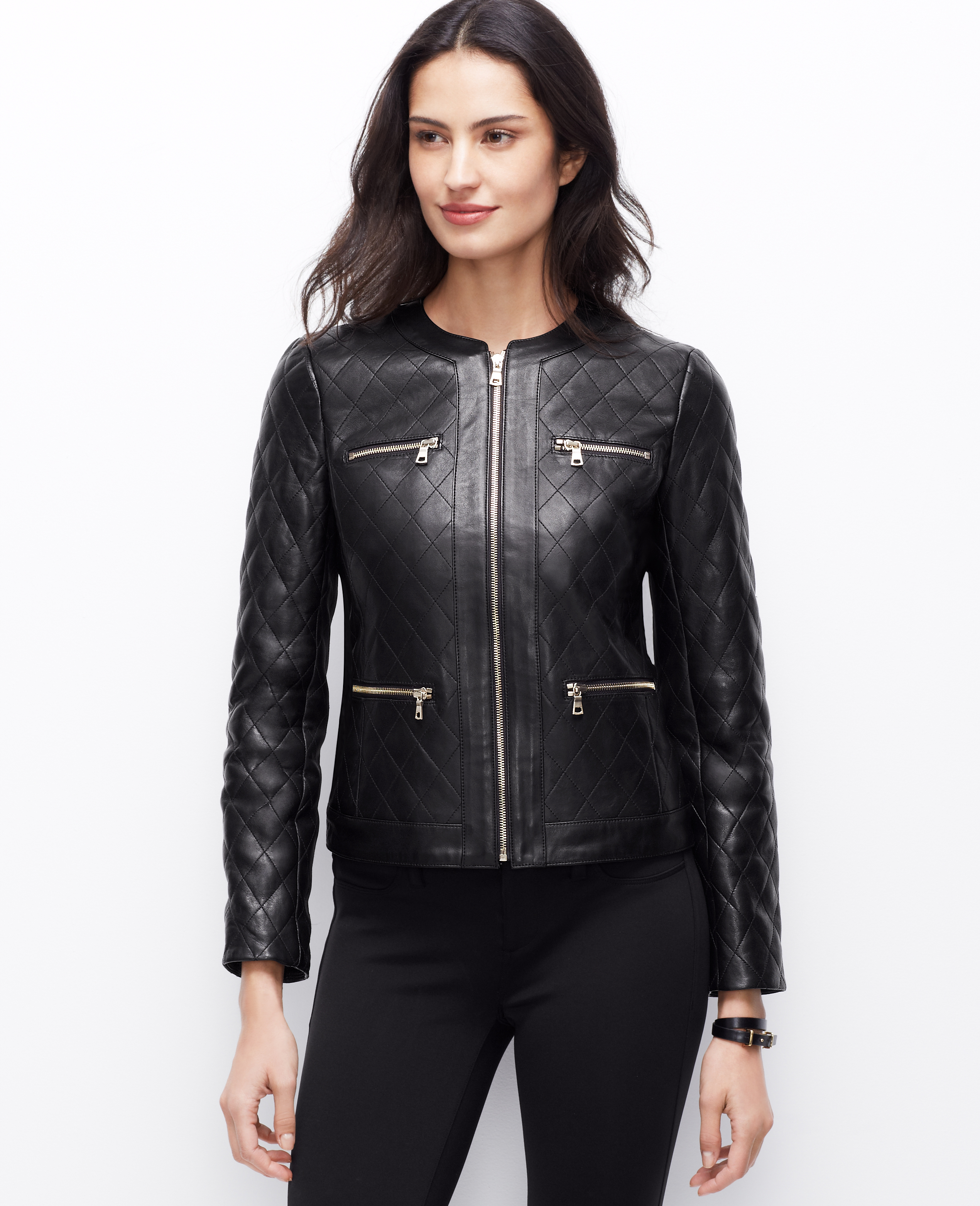 Ann taylor Petite Quilted Leather Jacket in Black | Lyst