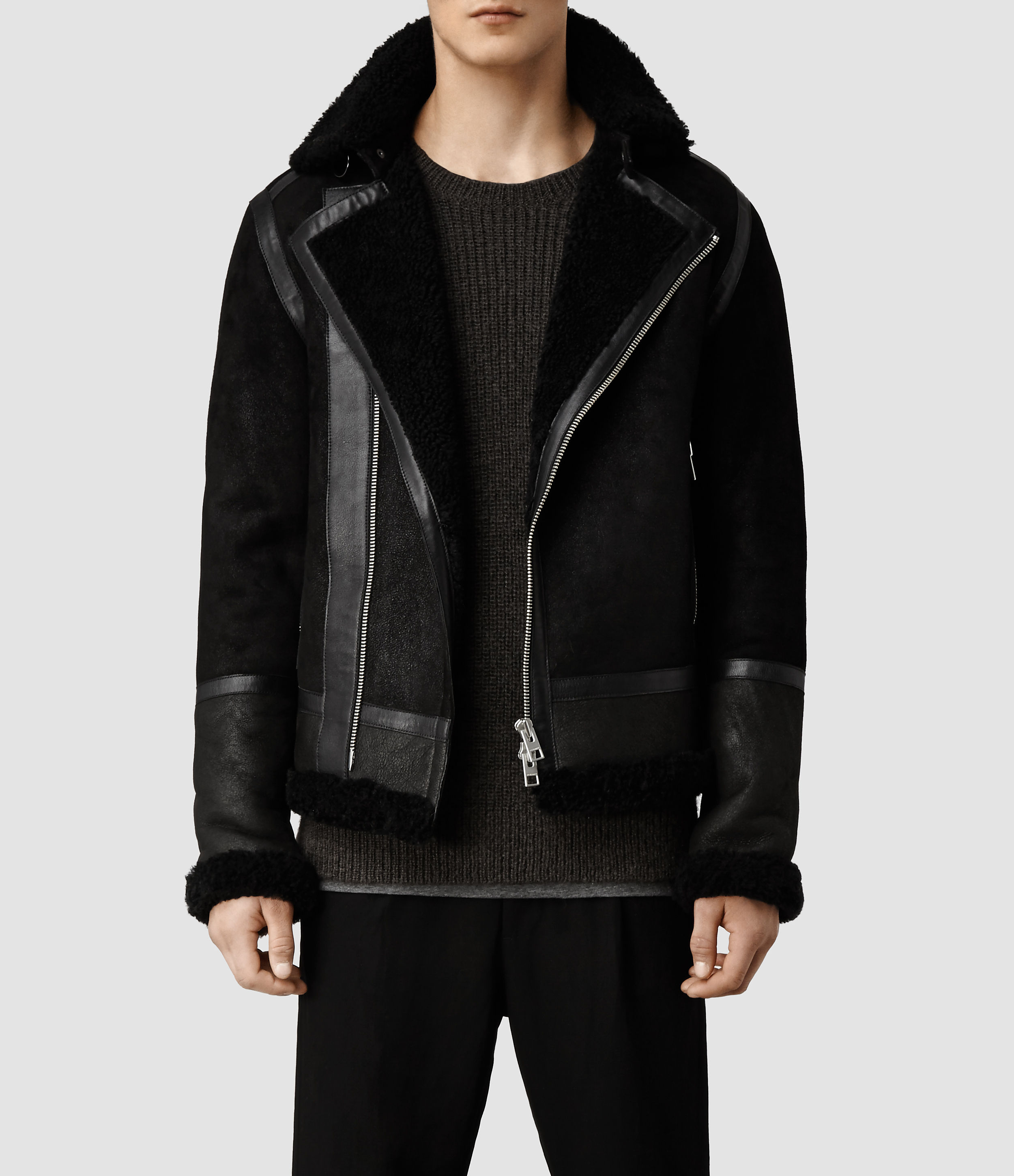 Allsaints Black Union Shearling Leather Jacket For Men