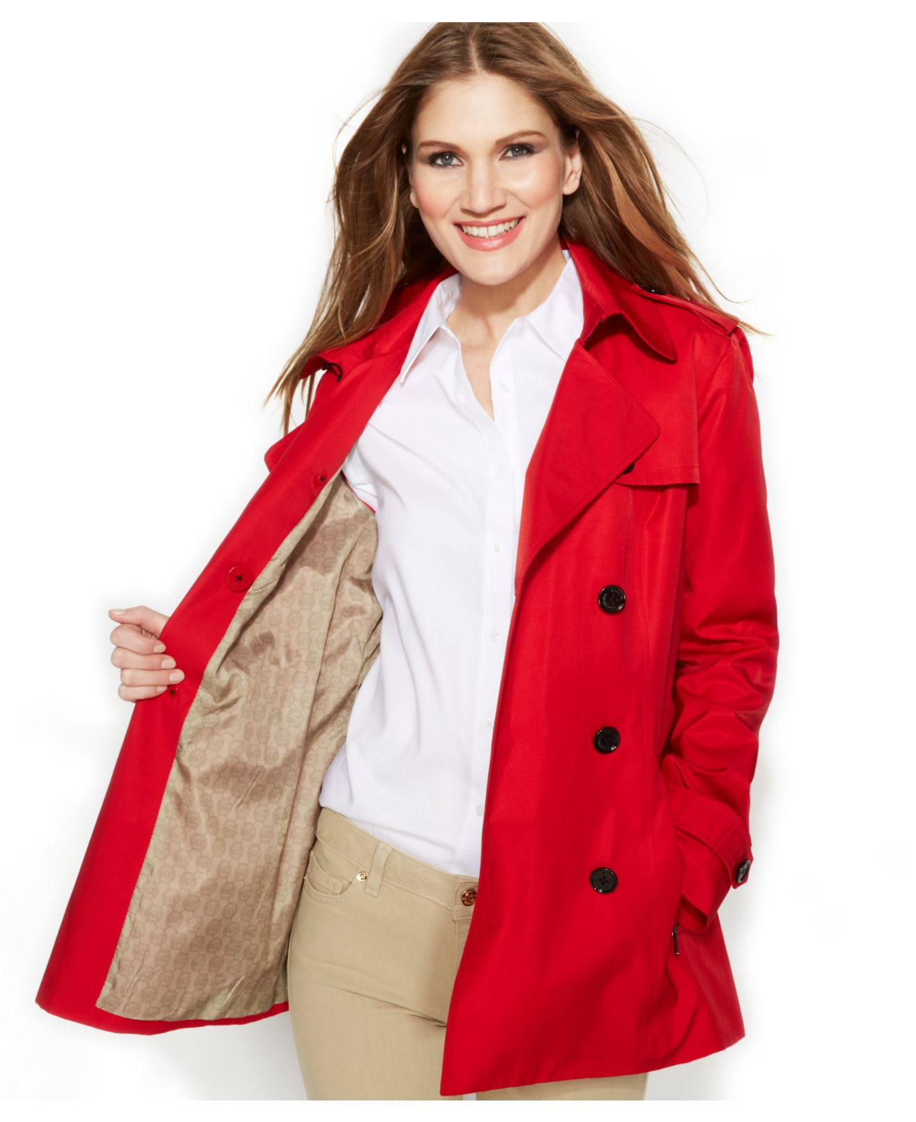 Michael kors Michael Double-Breasted Belted Trench Coat in Red | Lyst