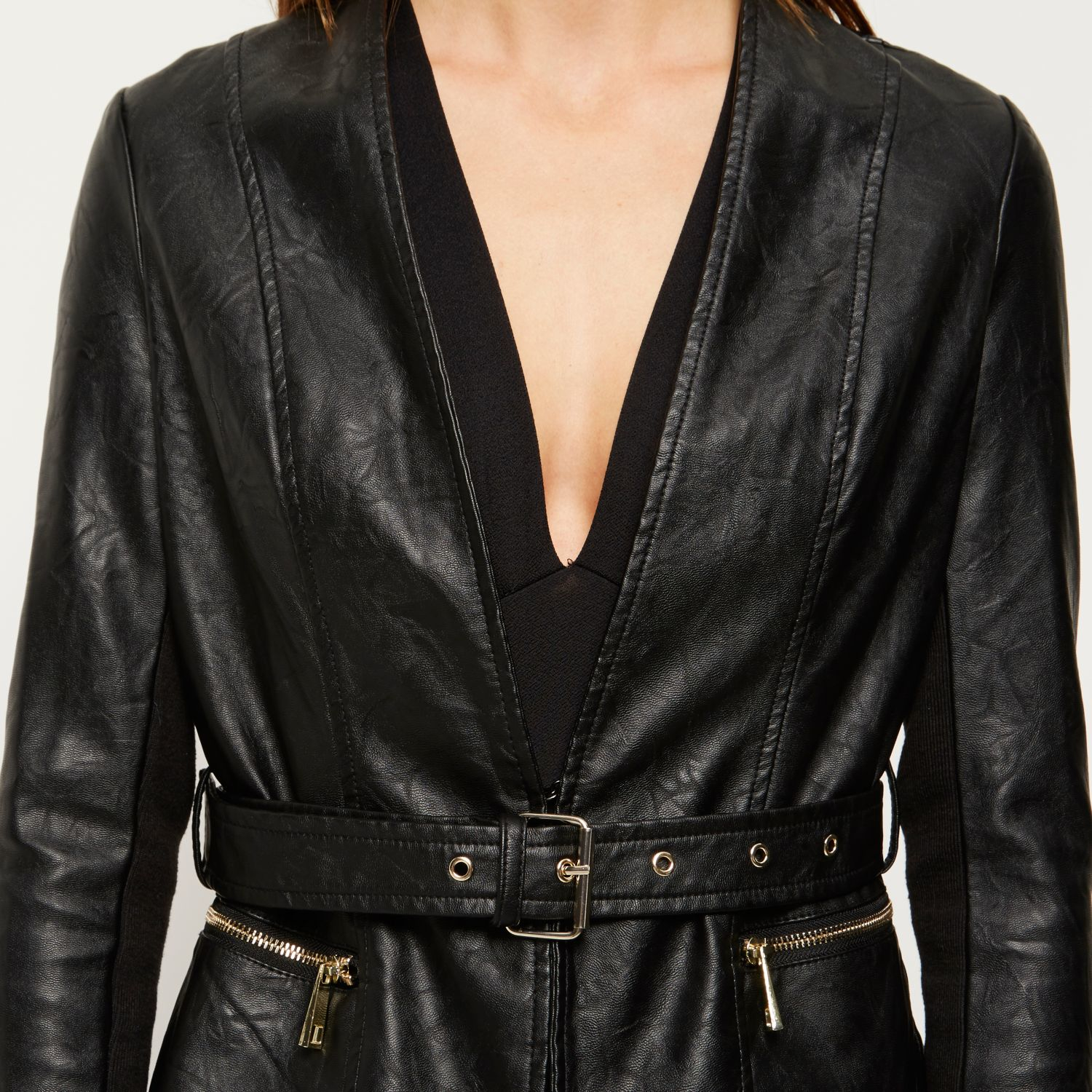River Island Black Leather Look Faux Fur Collar Jacket In Lyst Gallery