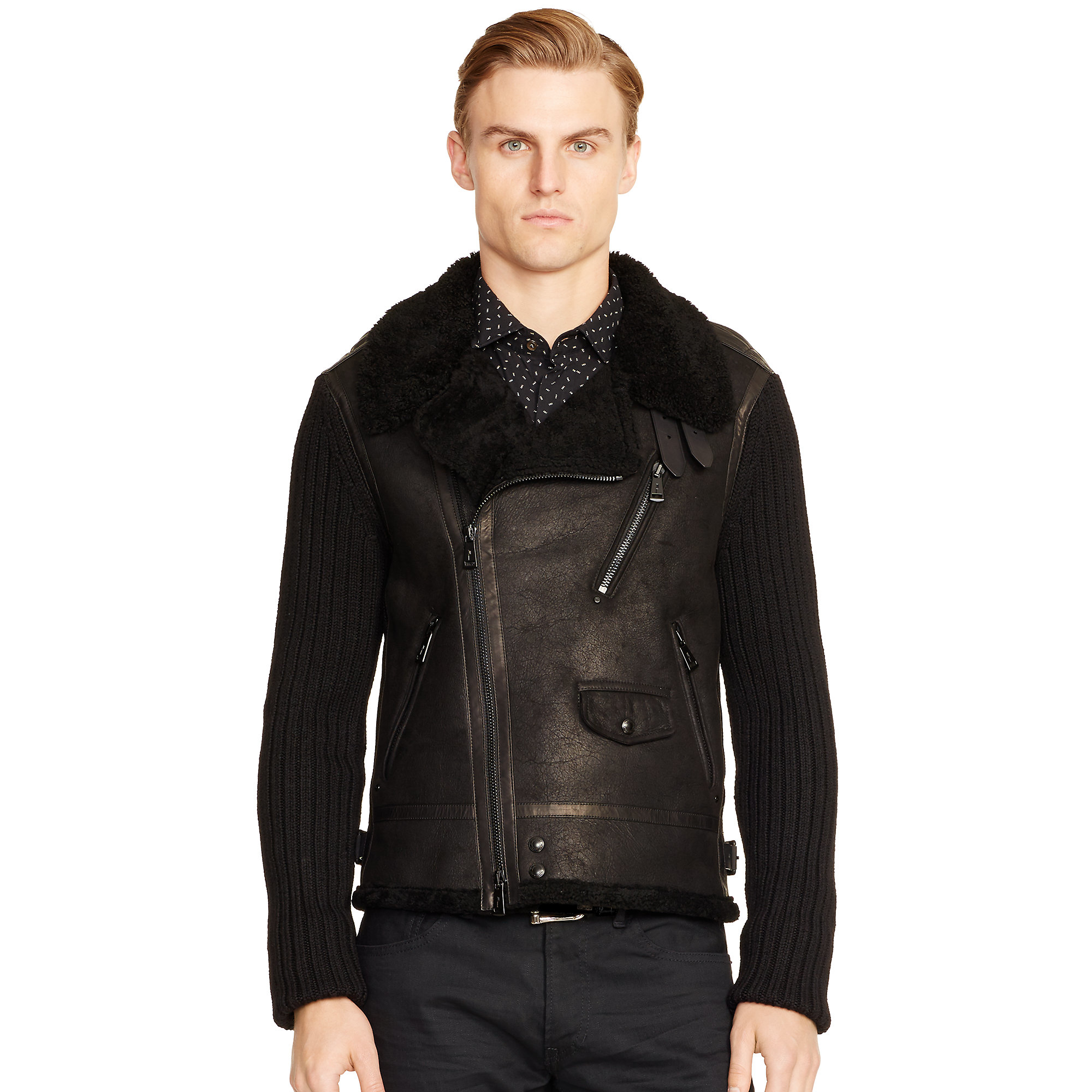 Ralph Lauren Black Label Shearling Wool Biker Sweater In For Gallery