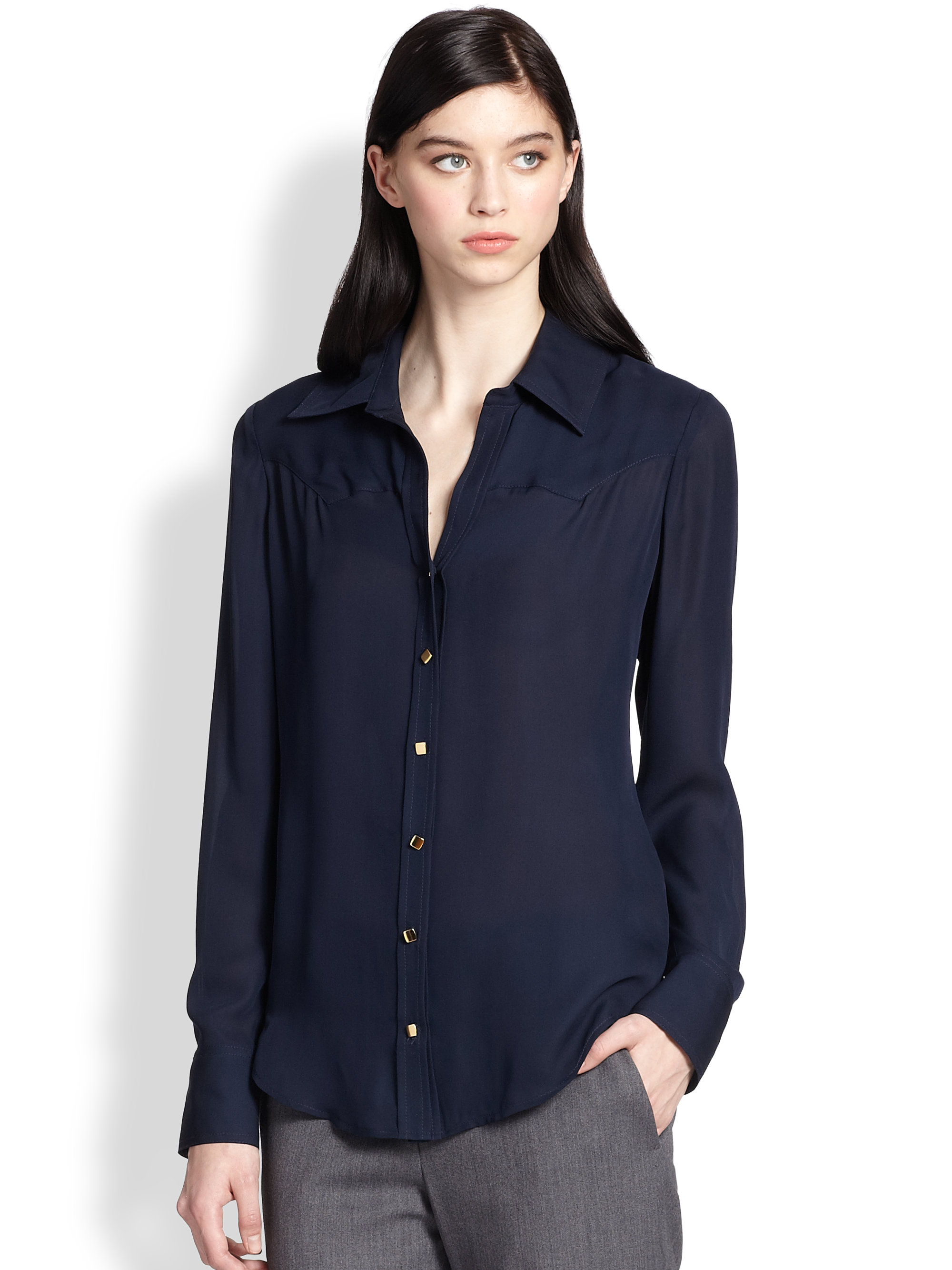 L'agence Silk Western Blouse in Blue (NAVY GOLD) | Lyst