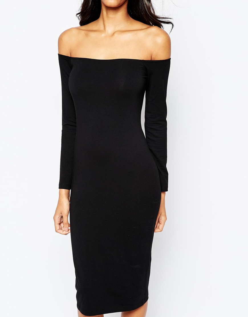 Asos Long Sleeve Midi Off The Shoulder Bardot Bodycon Dress in Gray | Lyst