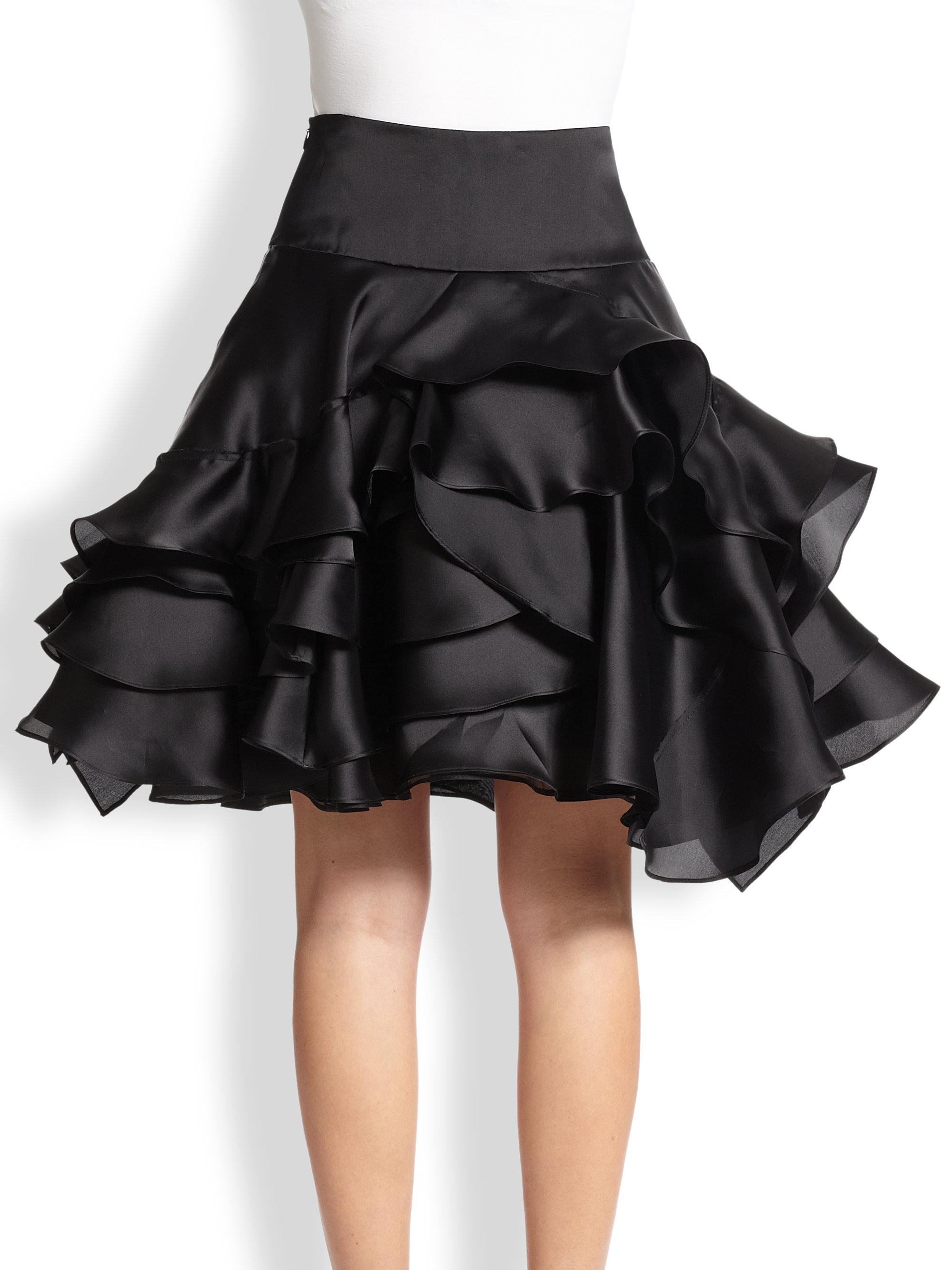MILLY Tara Silk Satin Tiered-Ruffle Skirt in Black - Lyst