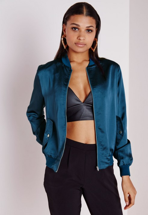 Missguided Satin Bomber Jacket Teal in Blue | Lyst