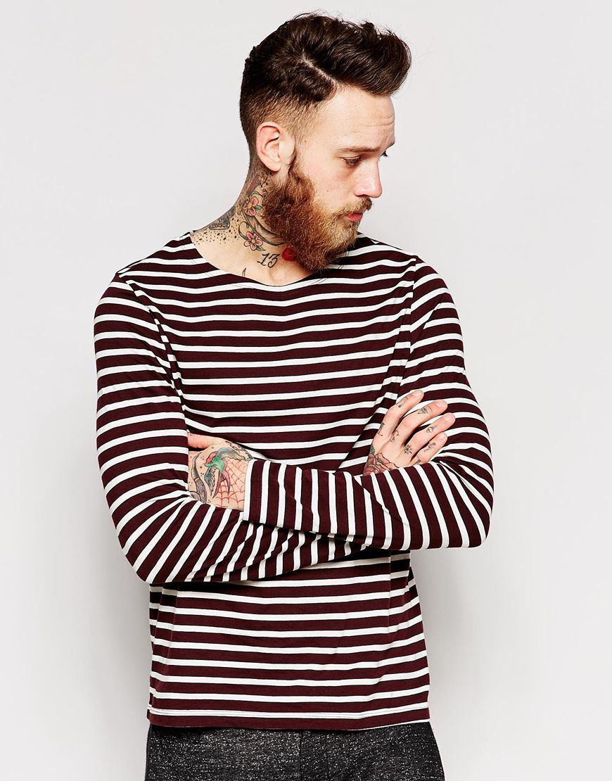 Asos Stripe Long Sleeve Tshirt With Boat Neck in Black for Men Lyst