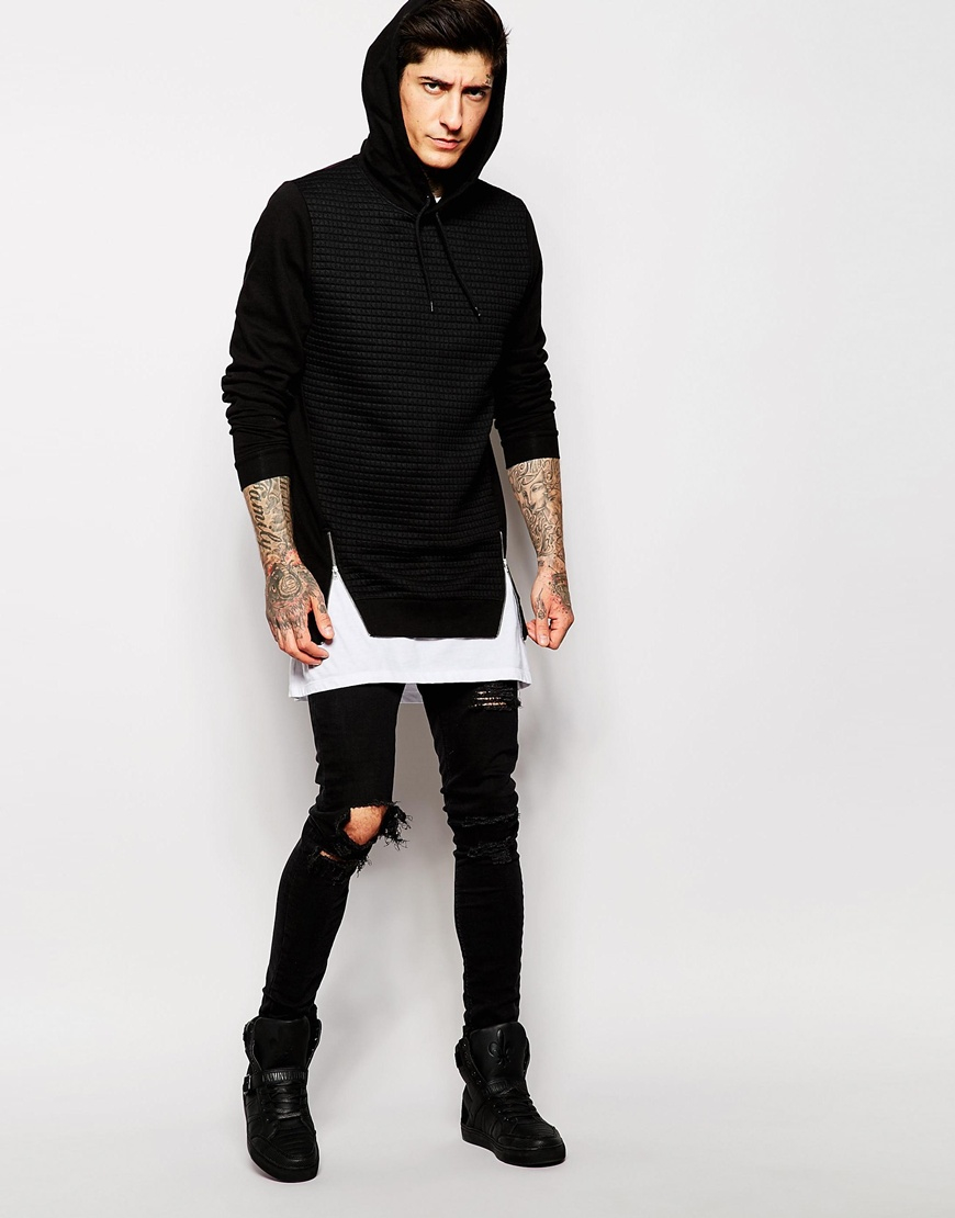 Asos Longline Hoodie With Quilted Front & Zip Details in Black for Men ...