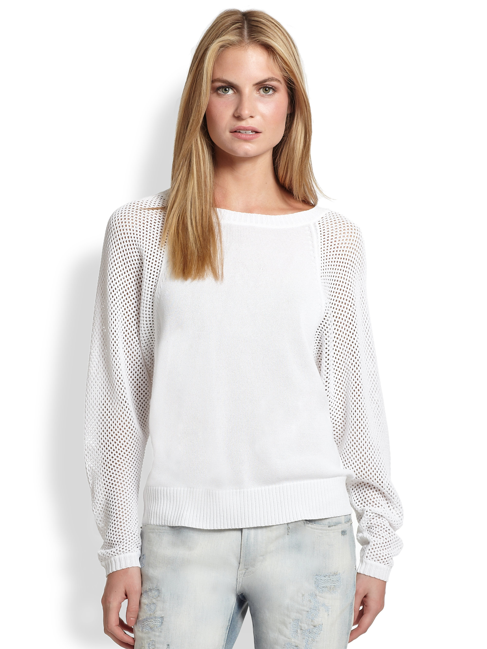 lyst ralph black label mesh sleeve sweater in white lyst ralph black label mesh sleeve sweater in white
