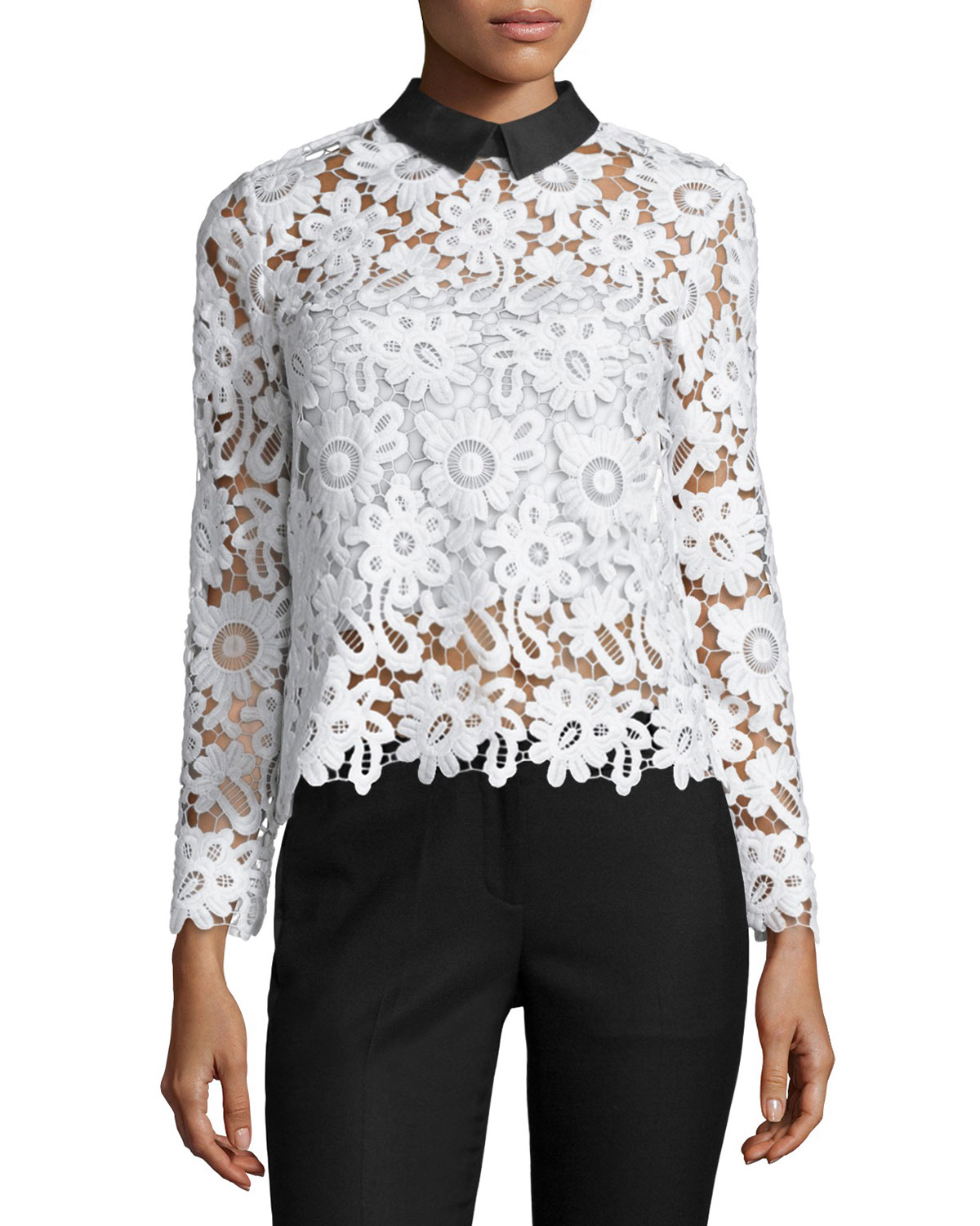 Self-portrait Long-sleeve Collared Lace Top in Black | Lyst
