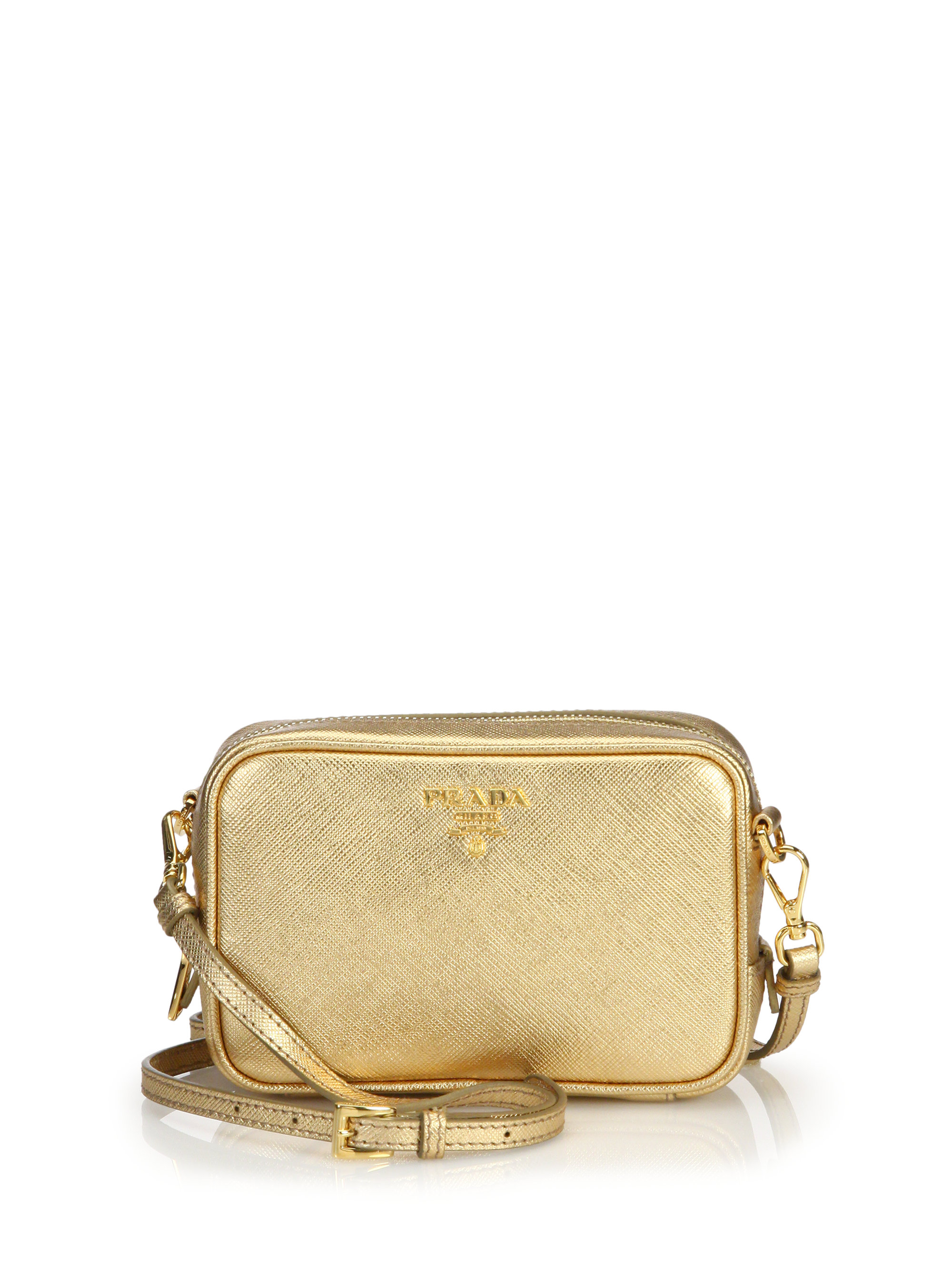 Prada Metallic Saffiano Leather Camera Bag in Gold | Lyst  