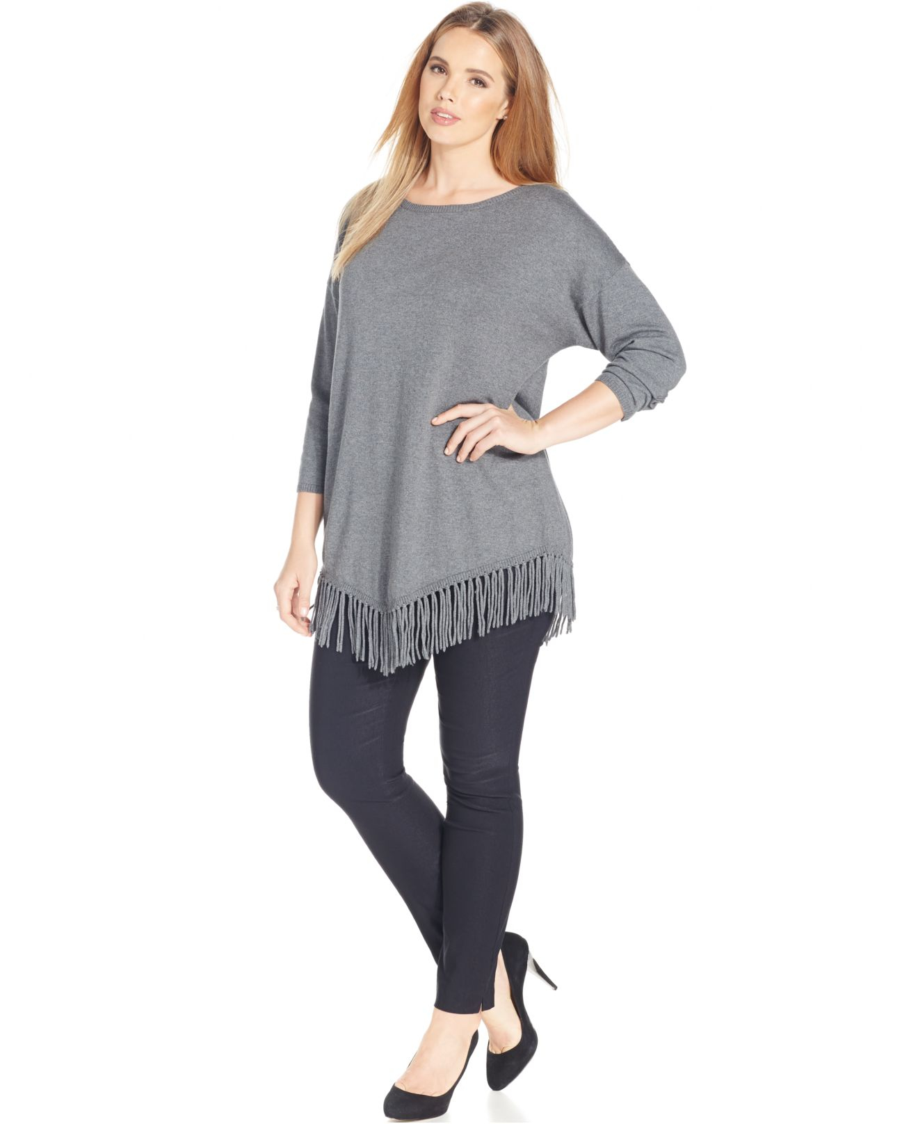 Lyst Inc International Concepts Plus Size Knit Fringed Poncho in Gray