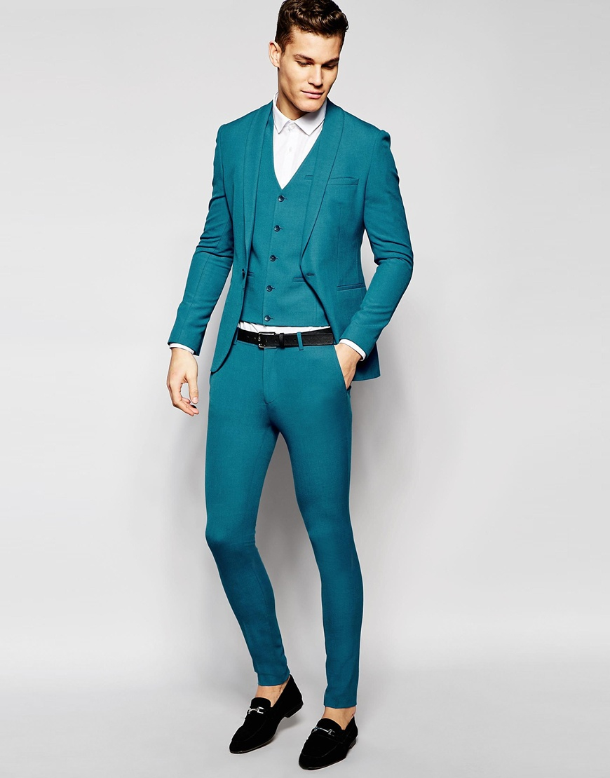 Asos Super Skinny Suit Jacket In Turquoise in Blue for Men | Lyst