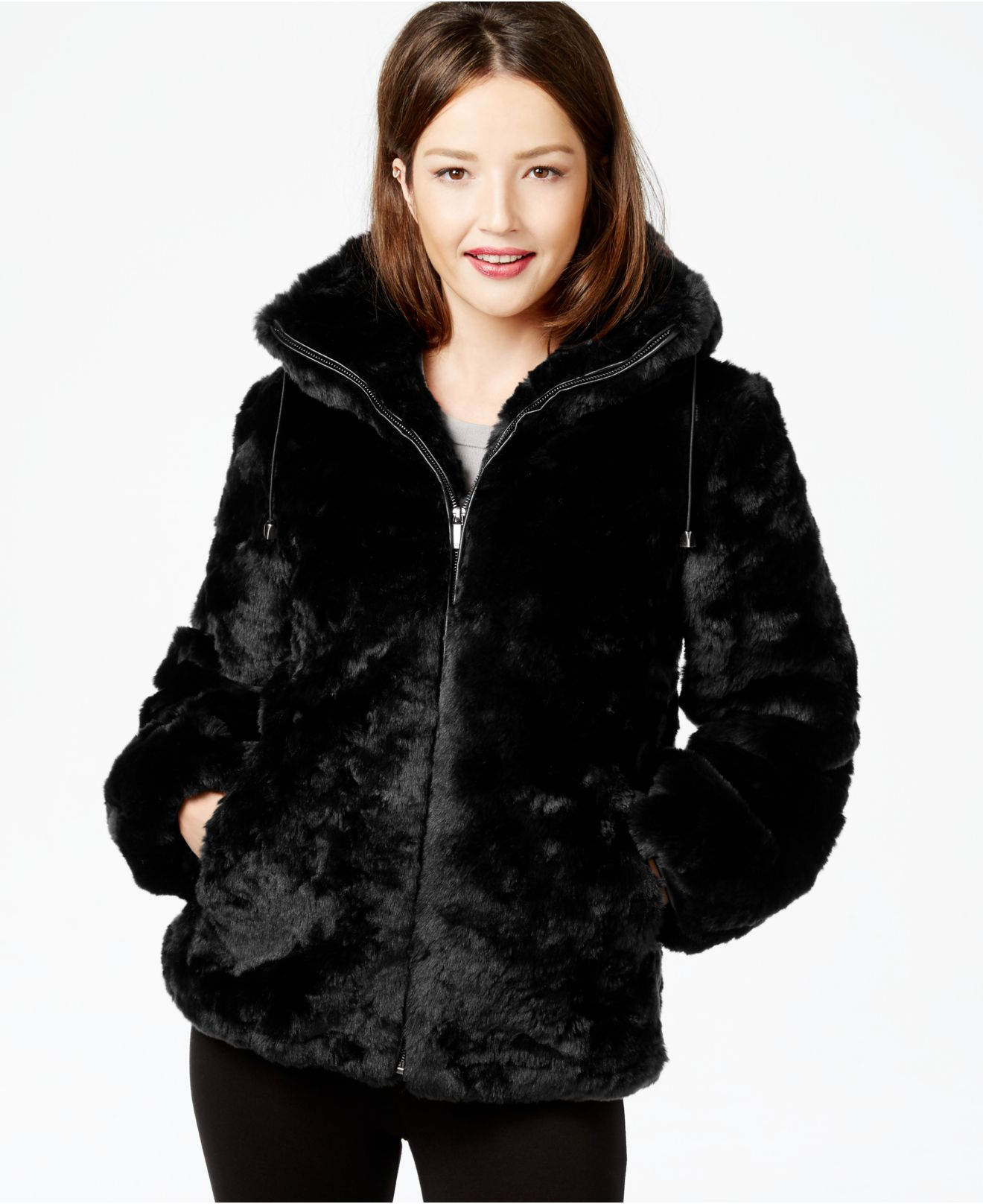 Jones New York Hooded Faux-fur Coat in Black - Lyst