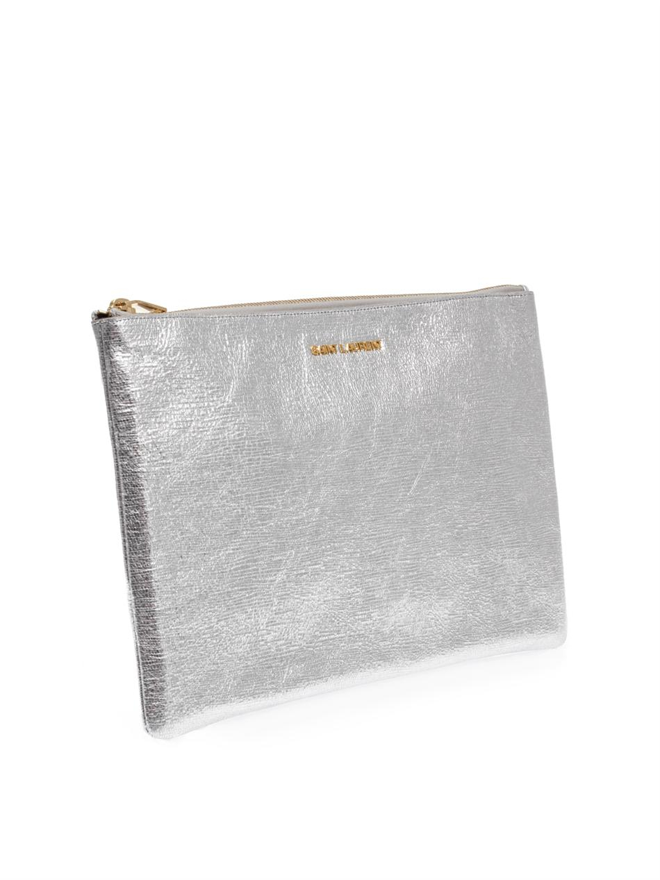 Saint laurent Letters Leather Pouch Clutch in Silver | Lyst