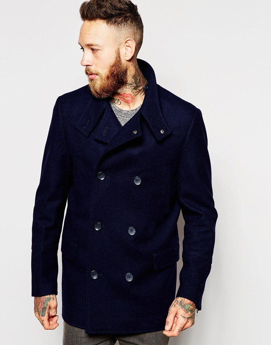 Lyst - Asos Wool Peacoat With Funnel Neck In Navy in Blue for Men