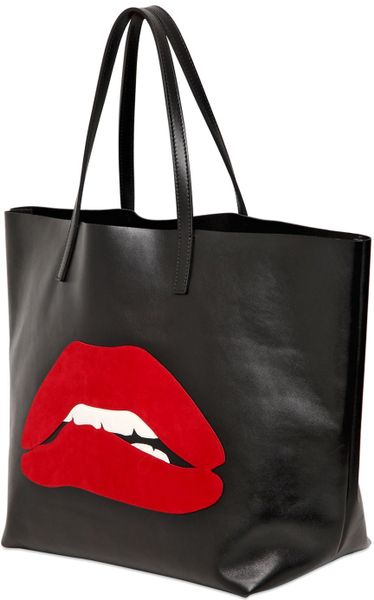 Red Valentino Suede Mouth Appliqué Leather Tote Bag in Black (BLACK/RED ...