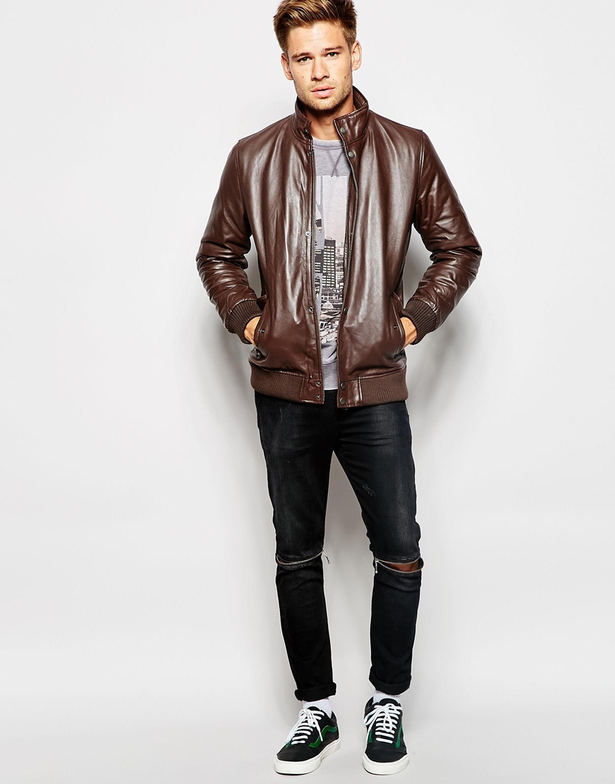 Pepe Jeans Shoreditch Leather Jacket in Brown for Men - Lyst