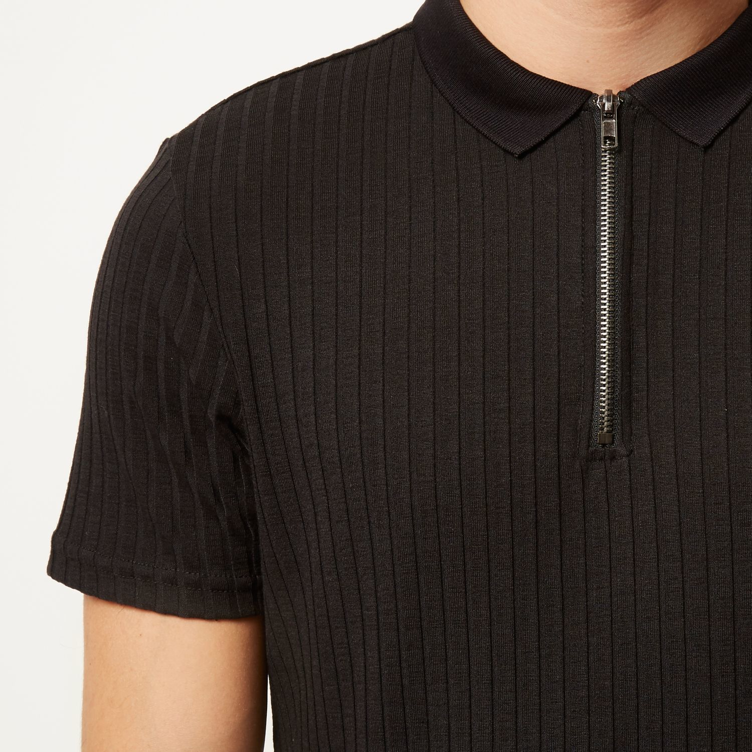 Lyst - River Island Black Chunky Ribbed Zip Neck Polo Shirt in Black ...