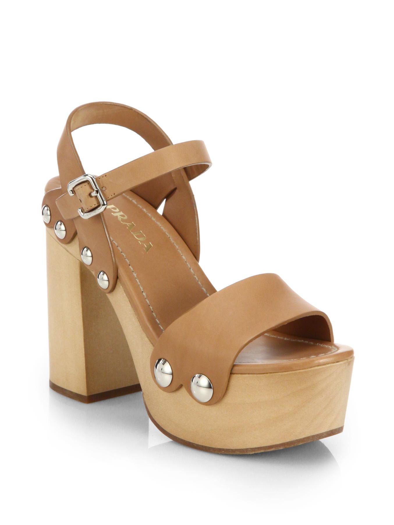 Prada Wooden-heel Leather Platform Sandals in Brown | Lyst