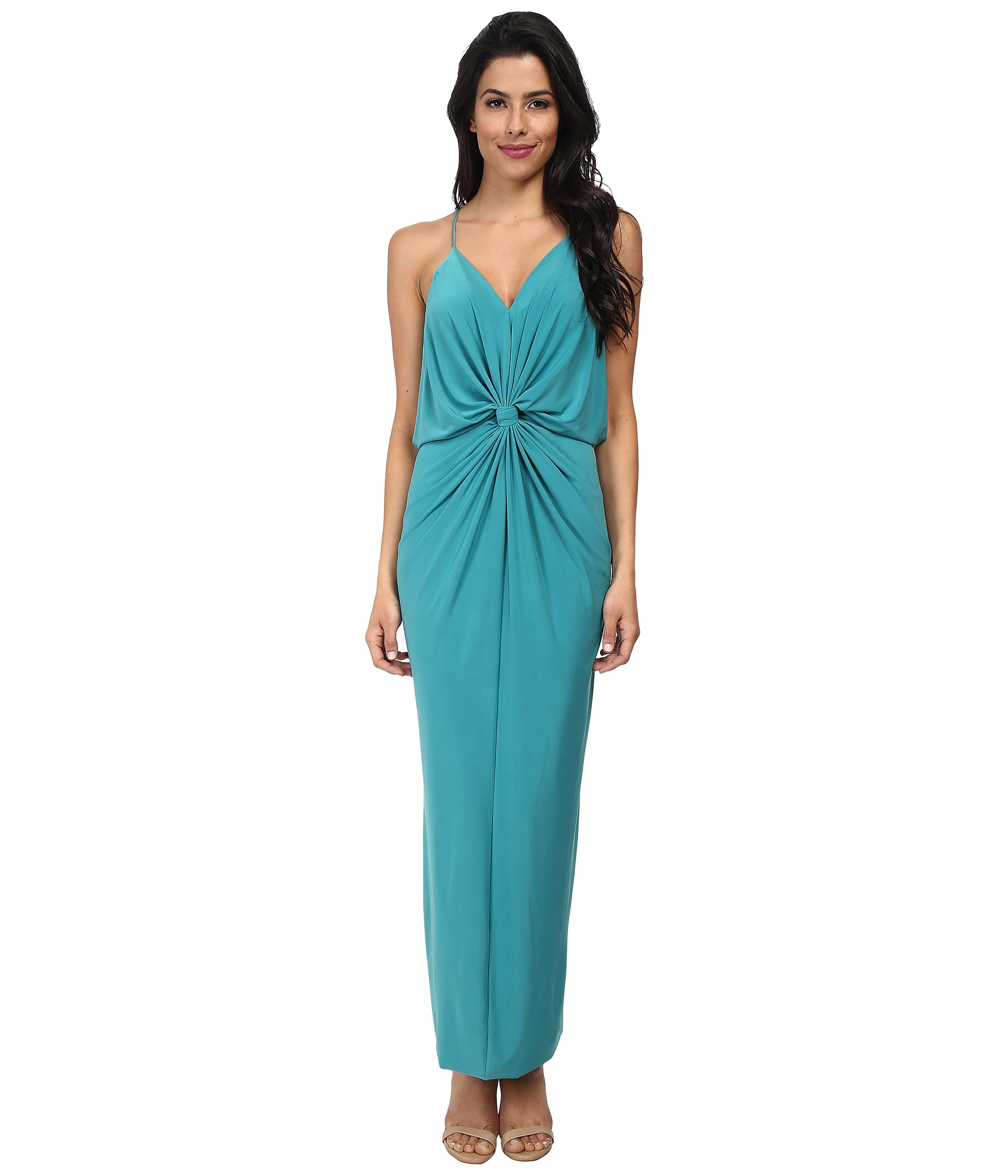 T-bags Spaghetti Strap Deep-V Maxi Dress With Front Tie in Blue ...