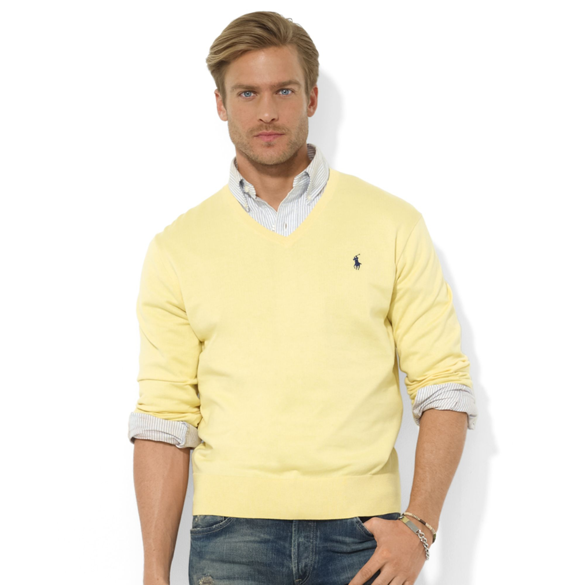 Ralph lauren Vneck Pima Cotton Sweater in Yellow for Men | Lyst