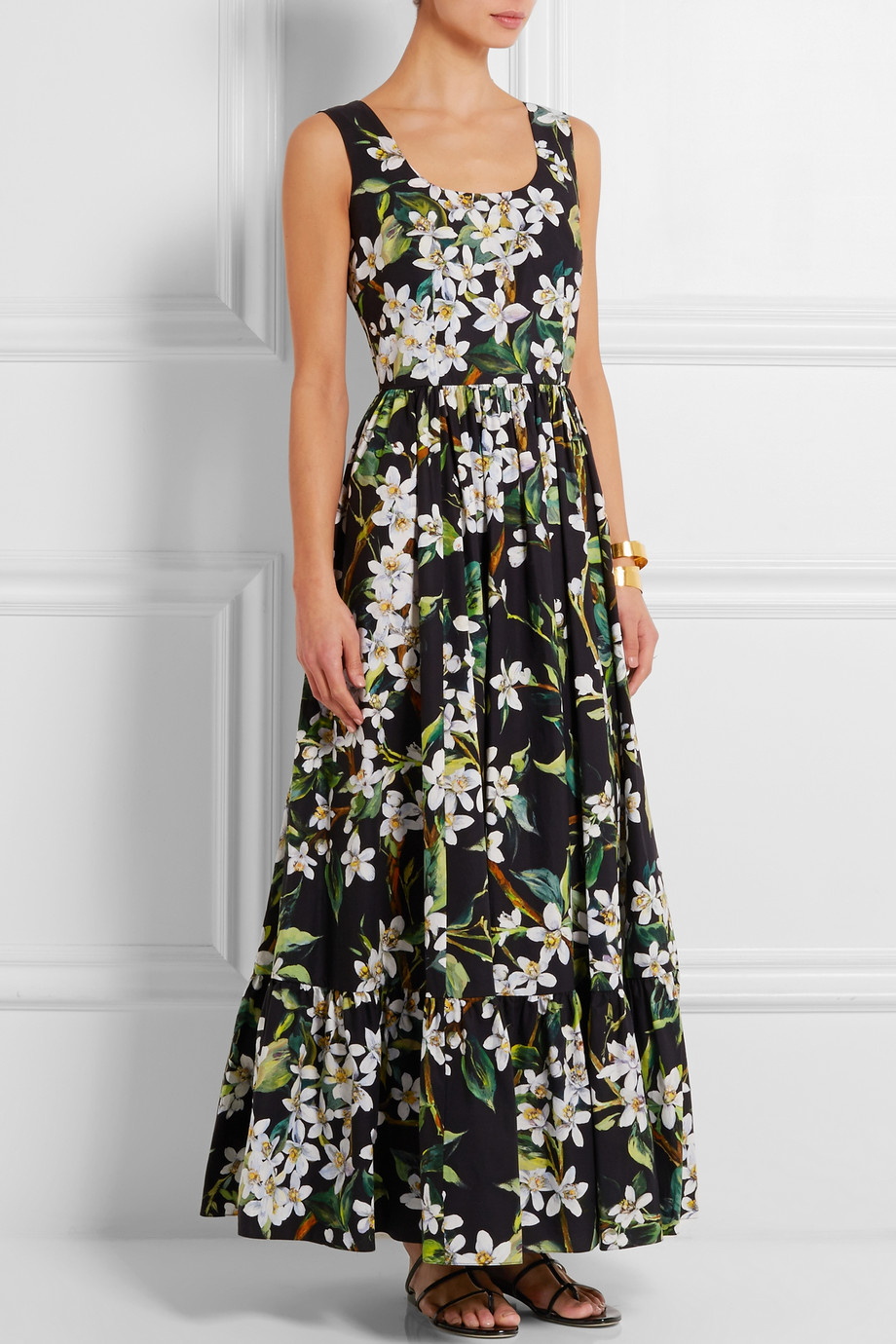 Dolce And Gabbana Floral Print Cotton Poplin Maxi Dress In Black Lyst 2445