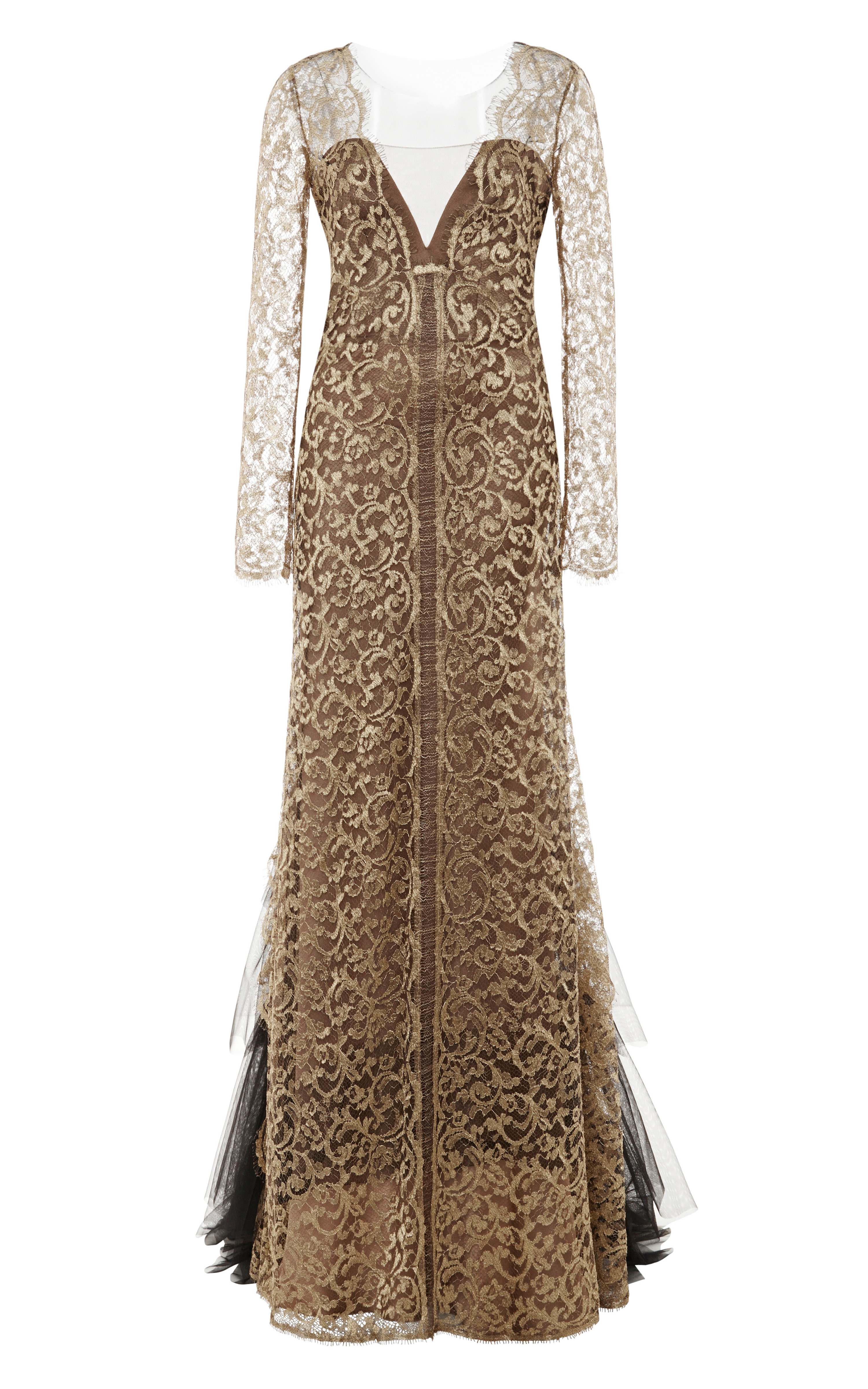 Alberta Ferretti Long Sleeve Lurex Lace Gown in Gold (Antique Gold) | Lyst