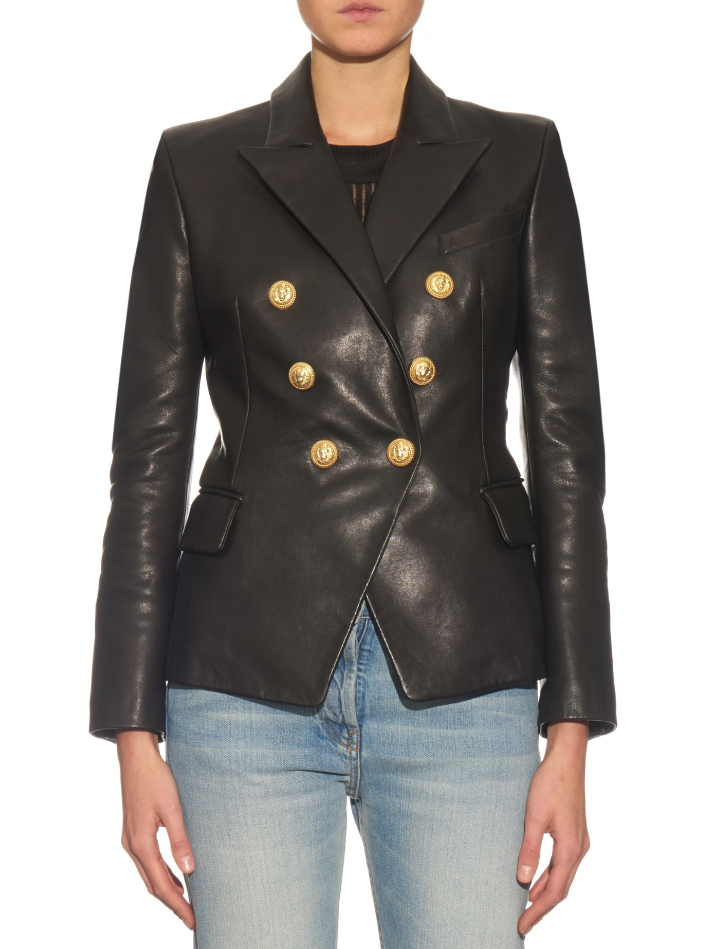 Lyst - Balmain Double-Breasted Leather Jacket in Black