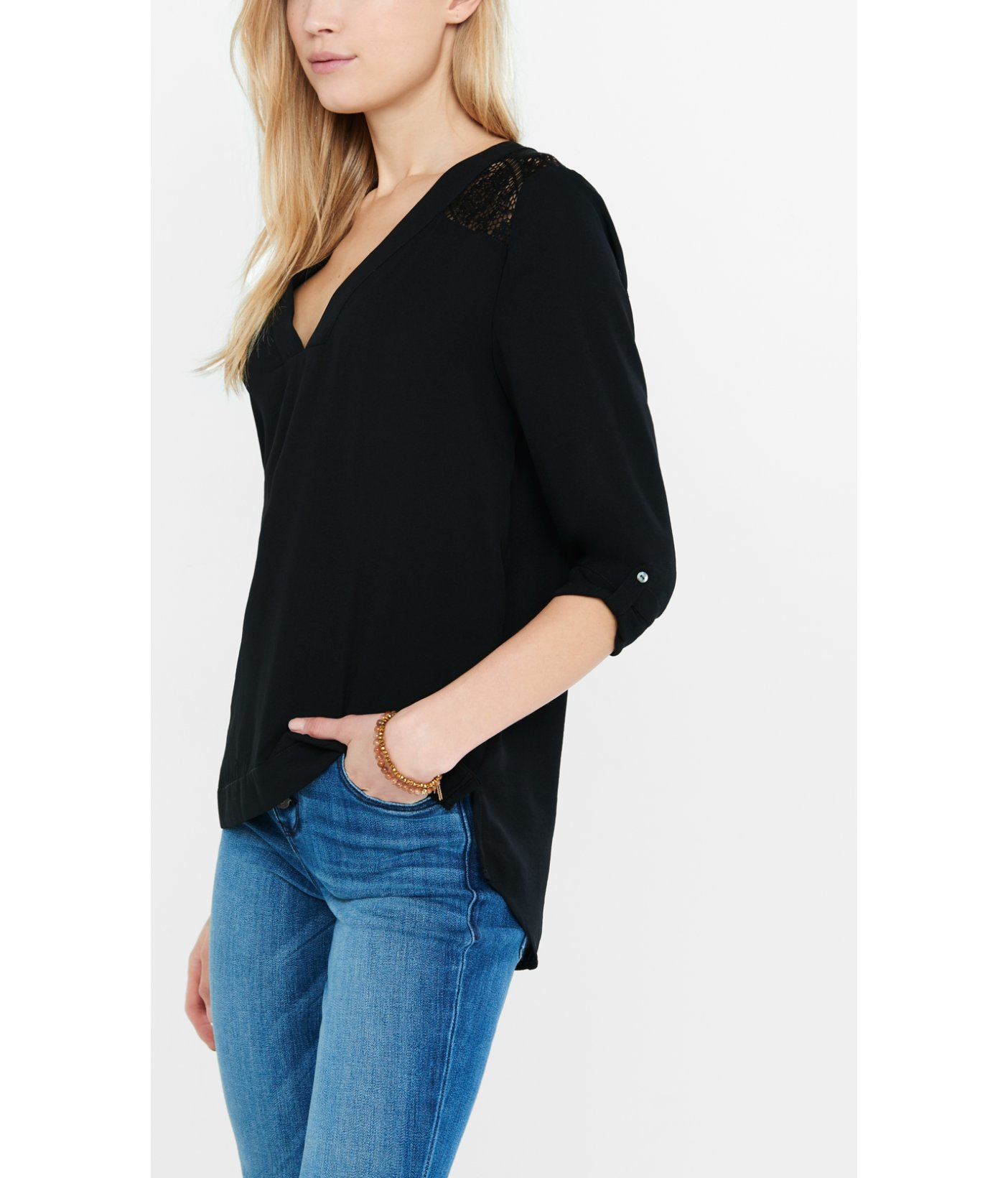 v neck shoulder lace 3 4 sleeves blouse blue denim blouses v neck shoulder lace 3 4 sleeves blouse blue denim blouses