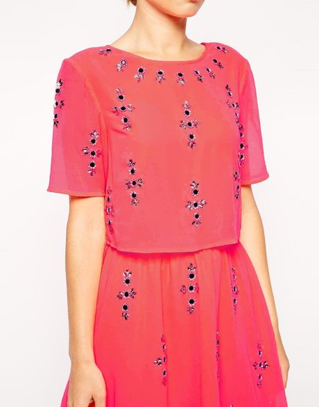Asos Fluro Crop Top Embellished Skater Dress in Pink | Lyst