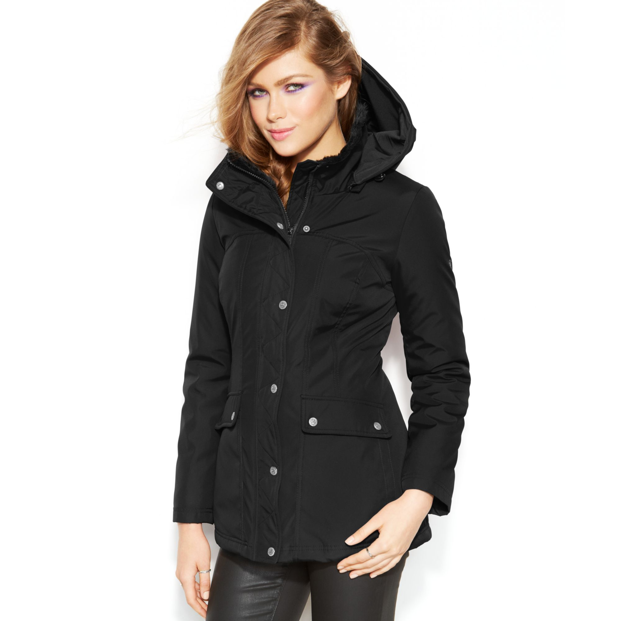 Jessica Simpson Hooded All-Weather Jacket in Black | Lyst