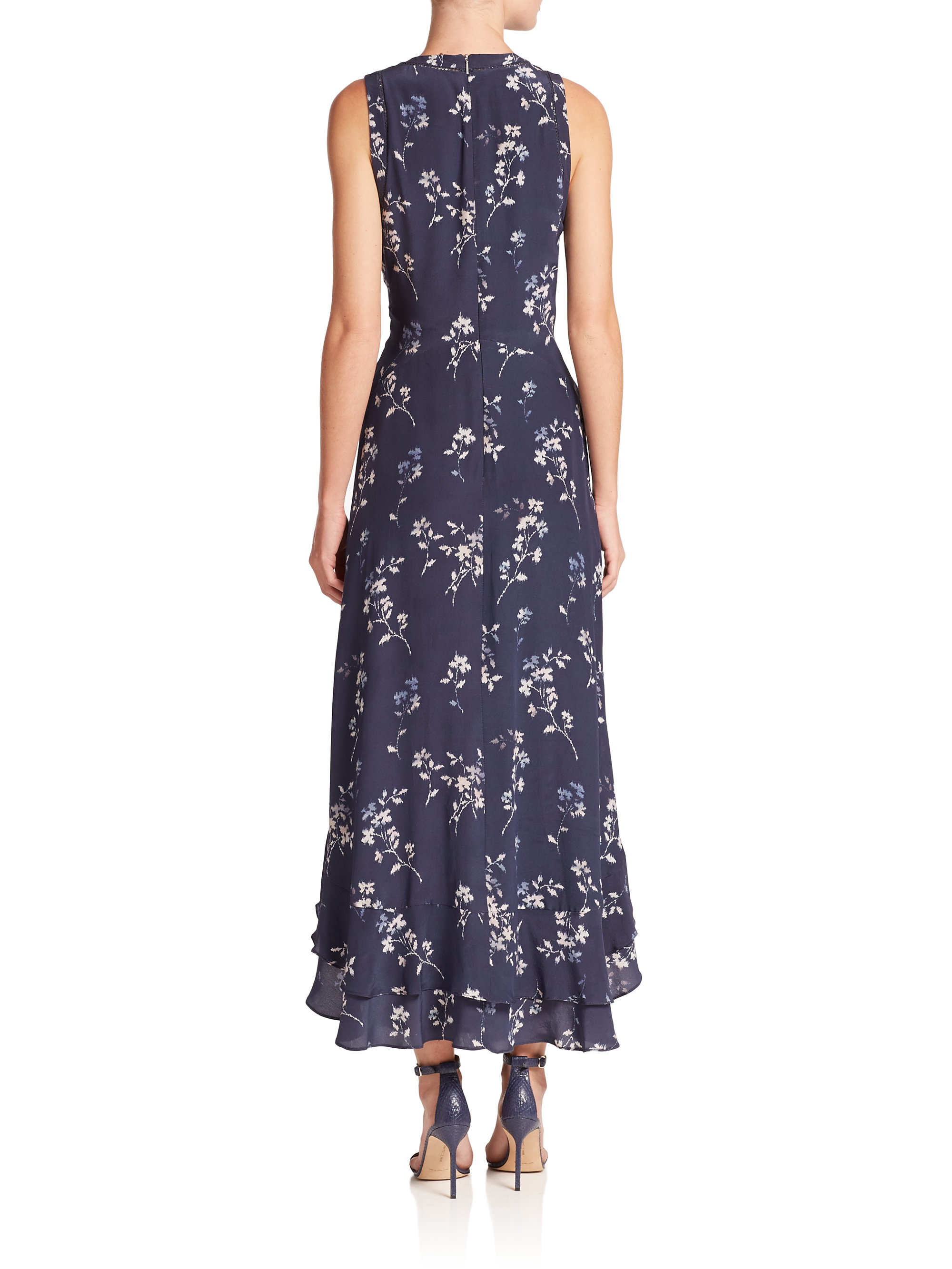 Rebecca taylor Silk Floral-print Ruffle Maxi Dress in Blue | Lyst