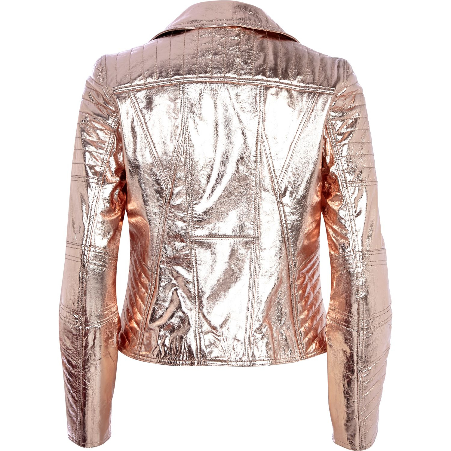 River Island Rose Gold Metallic Leather Biker Jacket in Pink - Lyst