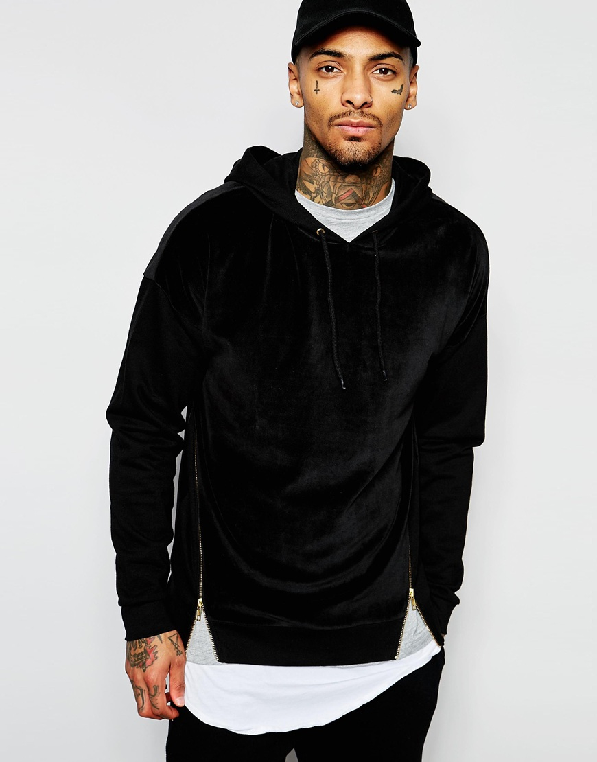 Asos Oversized Hoodie In Velour With Gold Zips in Black for Men | Lyst
