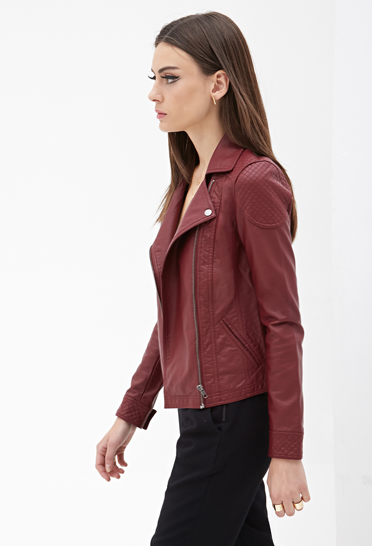 Lyst Forever 21 Faux Leather Moto Jacket In Purple Gallery