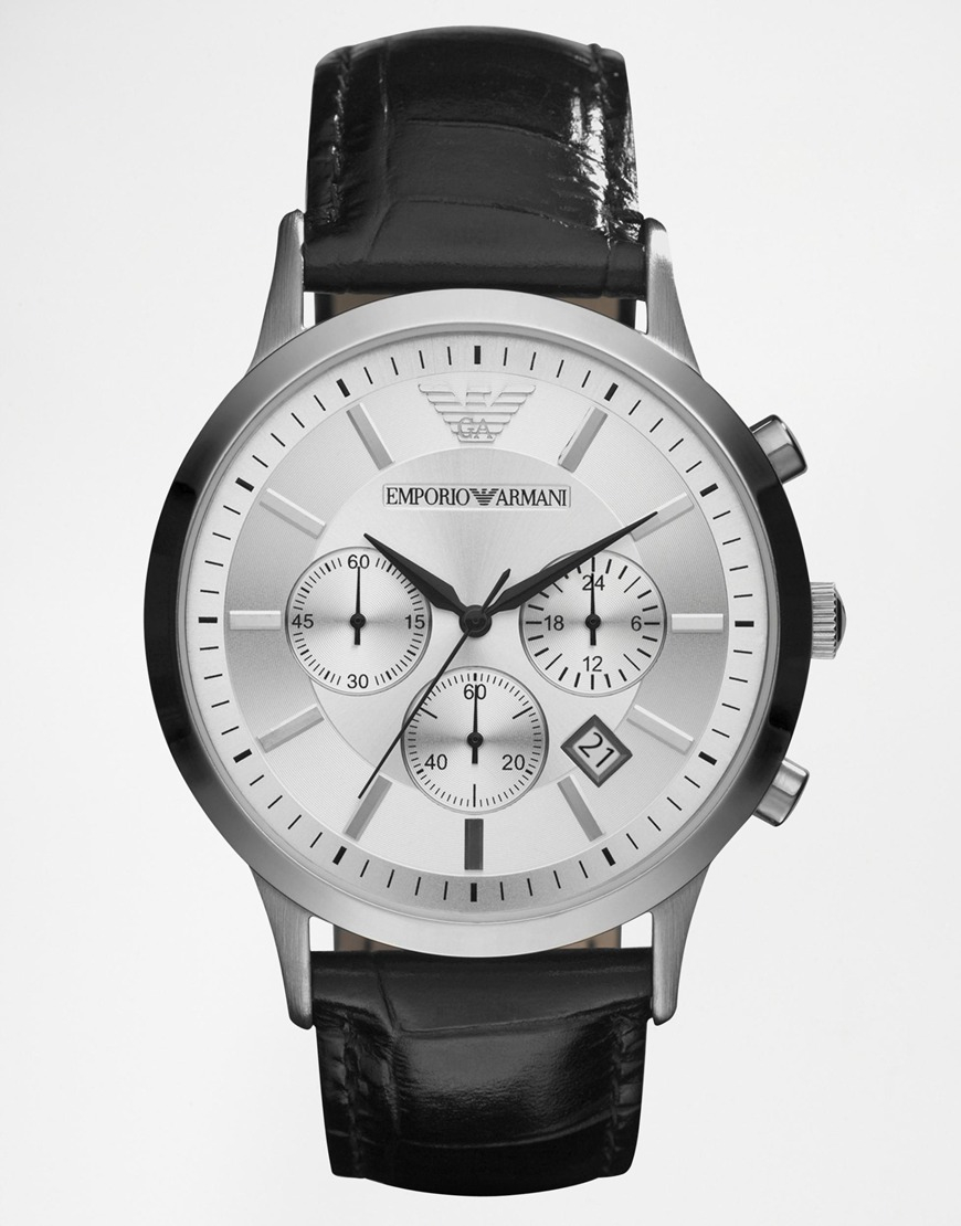 Emporio armani Leather Strap Chronograph Watch Ar2432 in Black for Men