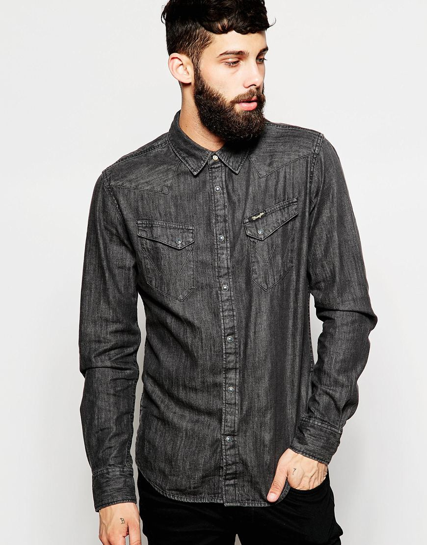 Lyst - Wrangler Denim Shirt City Western Slim Fit Grey Indigo Raw in ...