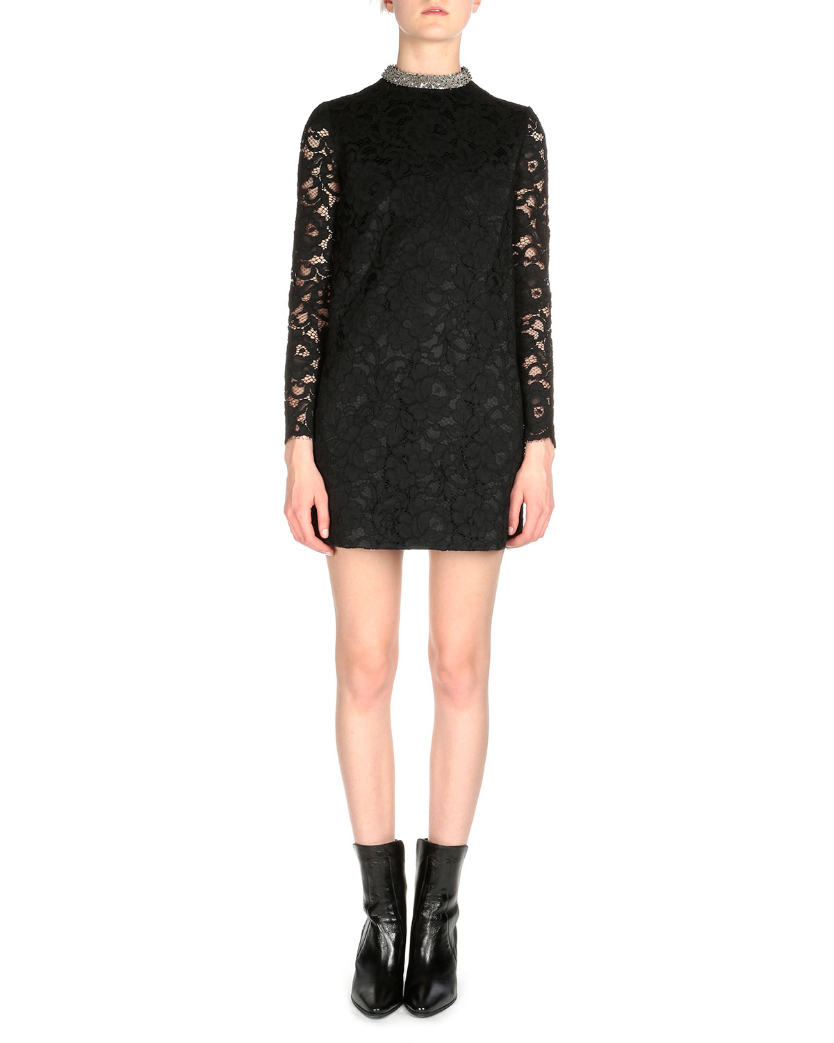 laurent jeweled neck floral lace dress in black lyst laurent jeweled neck floral lace dress in black lyst