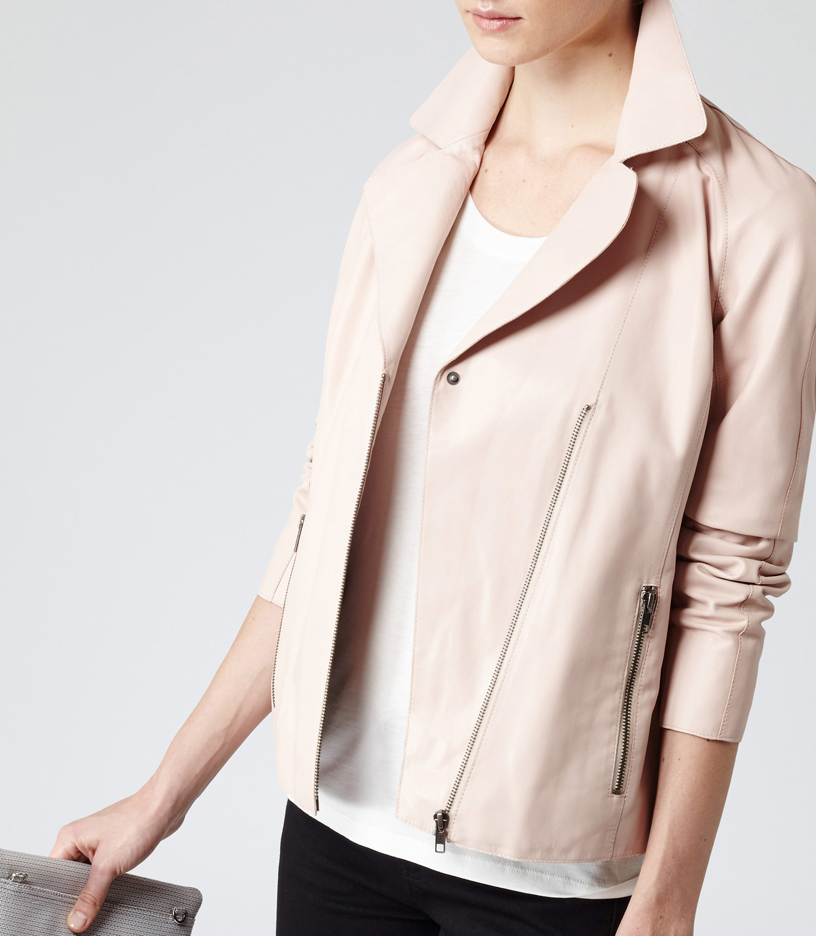 Reiss Fray Leather Biker Jacket in Soft Pink (Pink) - Lyst