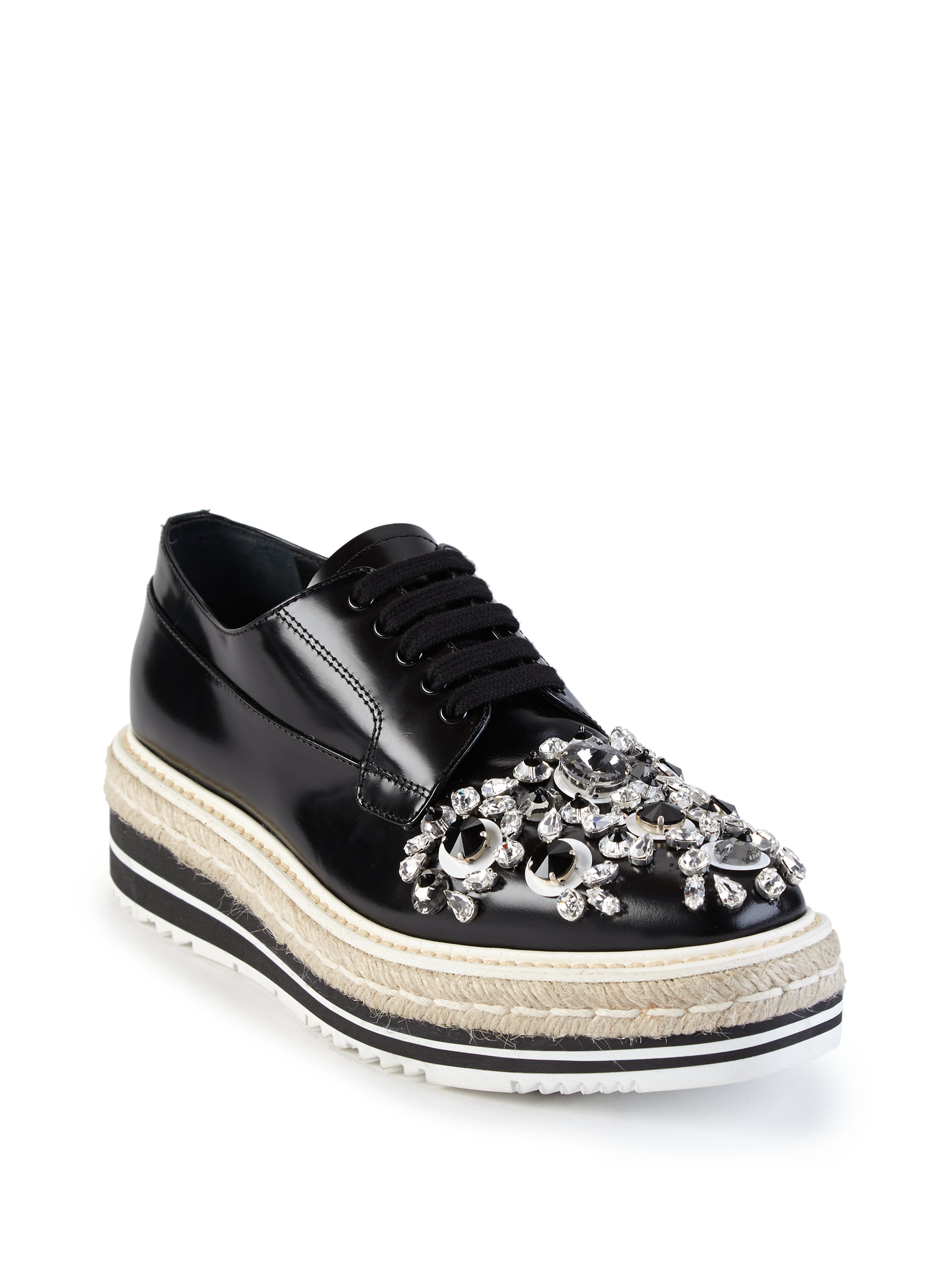 Prada Crystal-embellished Patent Leather Espadrille Oxfords in Black | Lyst