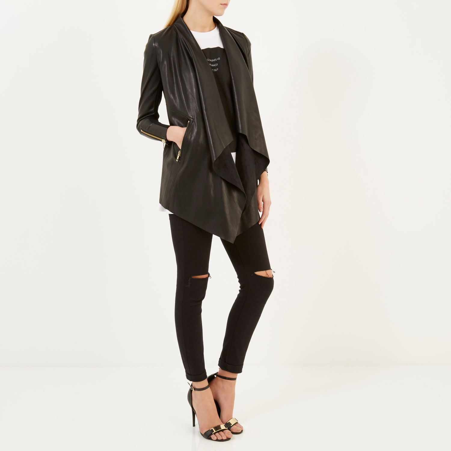River Island Black Leather Look Waterfall Jacket In Lyst Gallery Women S Waterfall Jackets