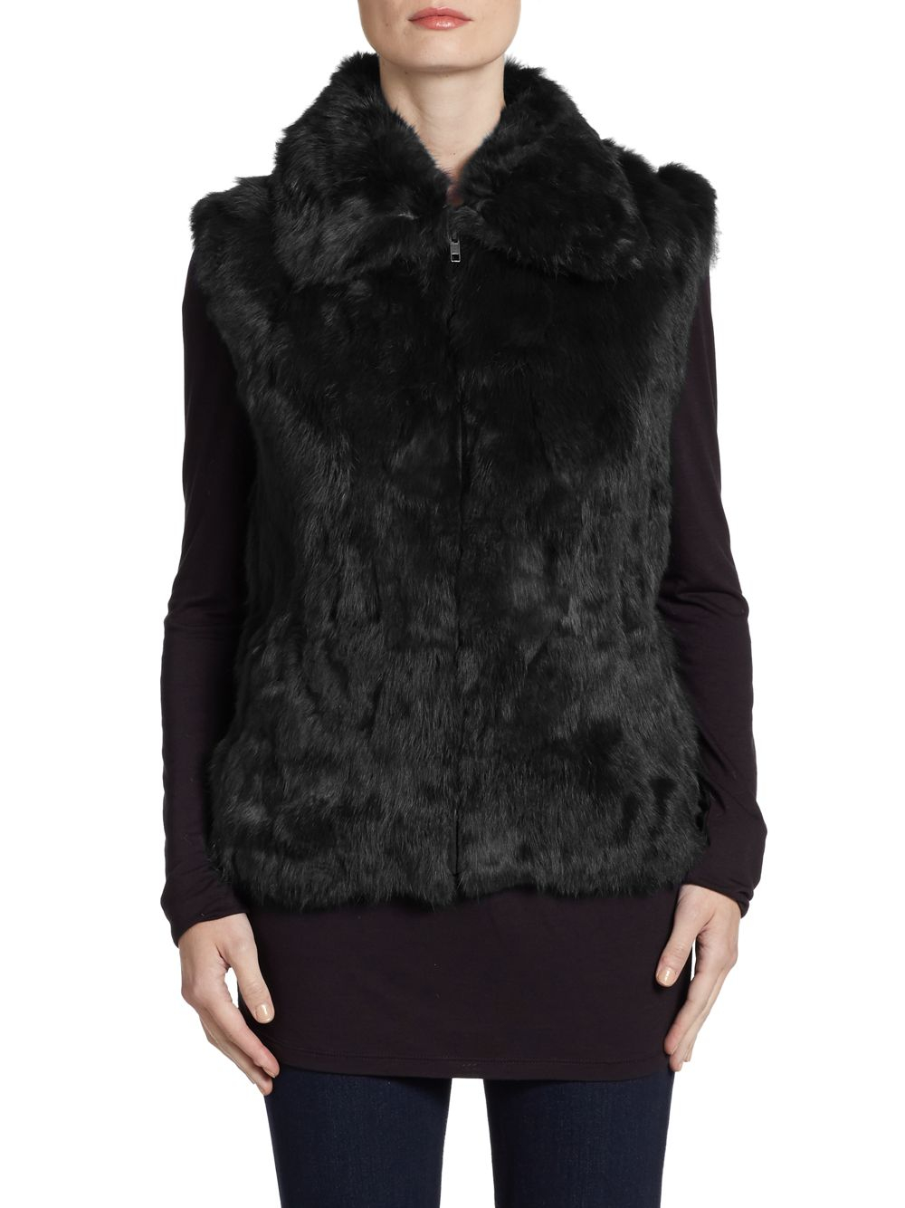 Saks Fifth Avenue Black Label Rabbit Fur Vest in Black | Lyst